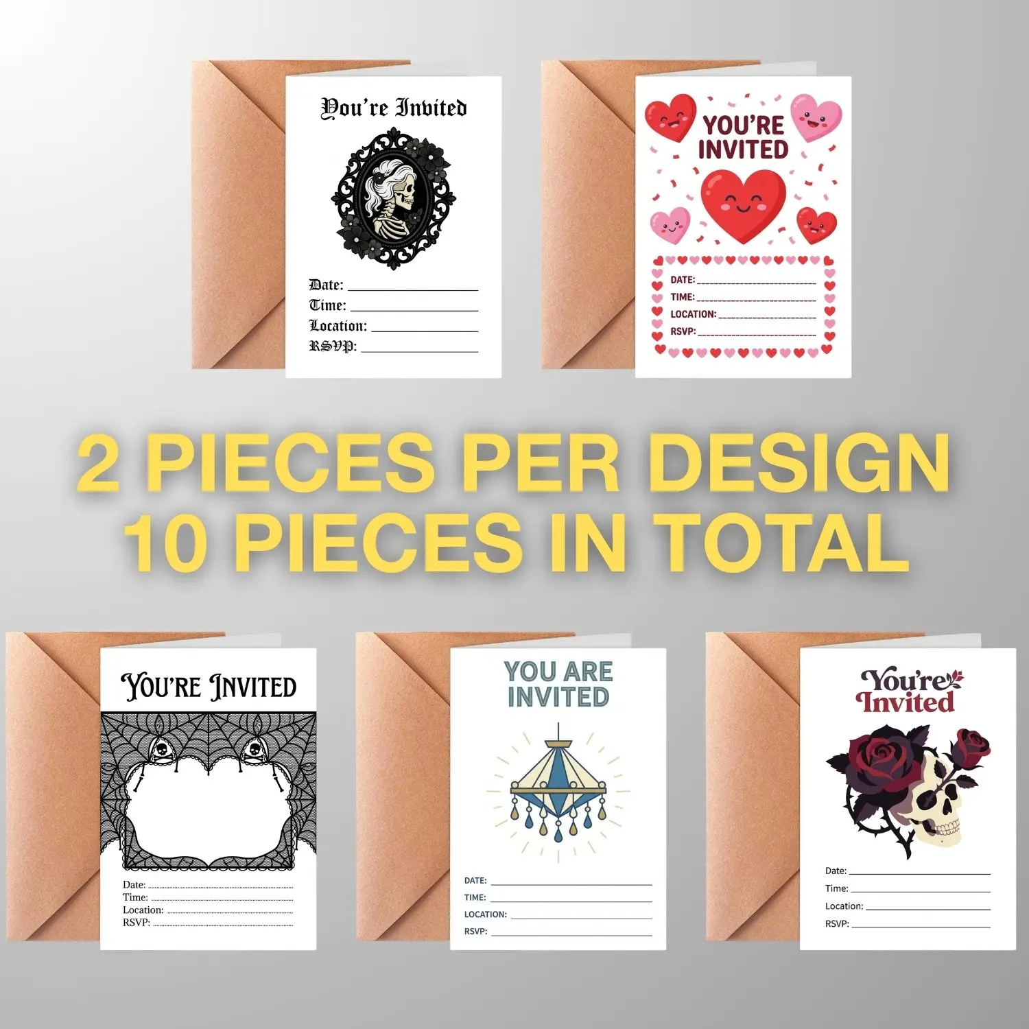 Formal Dinner Halloween Party Invitations Set, 5x7" Elegant Macabre Theme, 10 Pack Blank Fill-In Cards with Envelopes, Perfect for Events