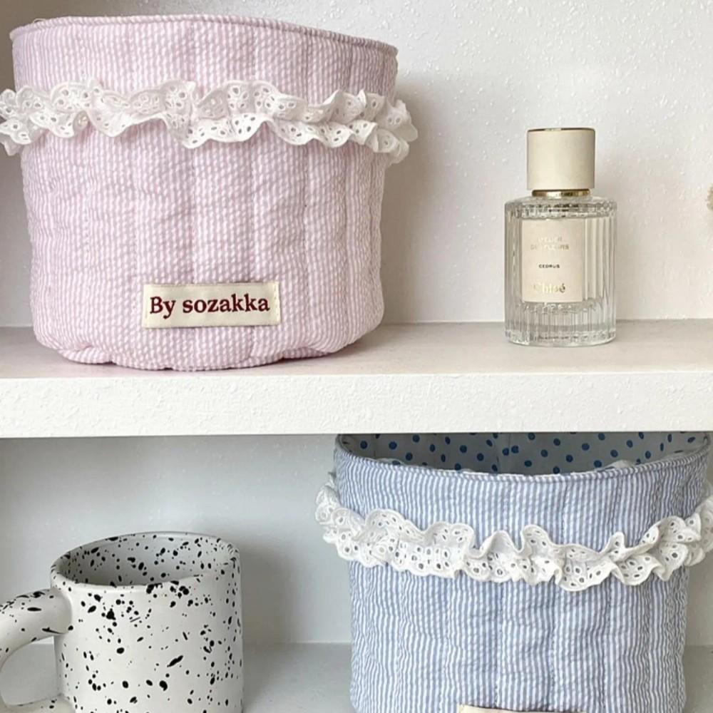 Cute Quilted Makeup Cosmetics Storage Basket, Scalloped Baskets, Multifunctional Large Capacity, Desktop Organizer for Home Office