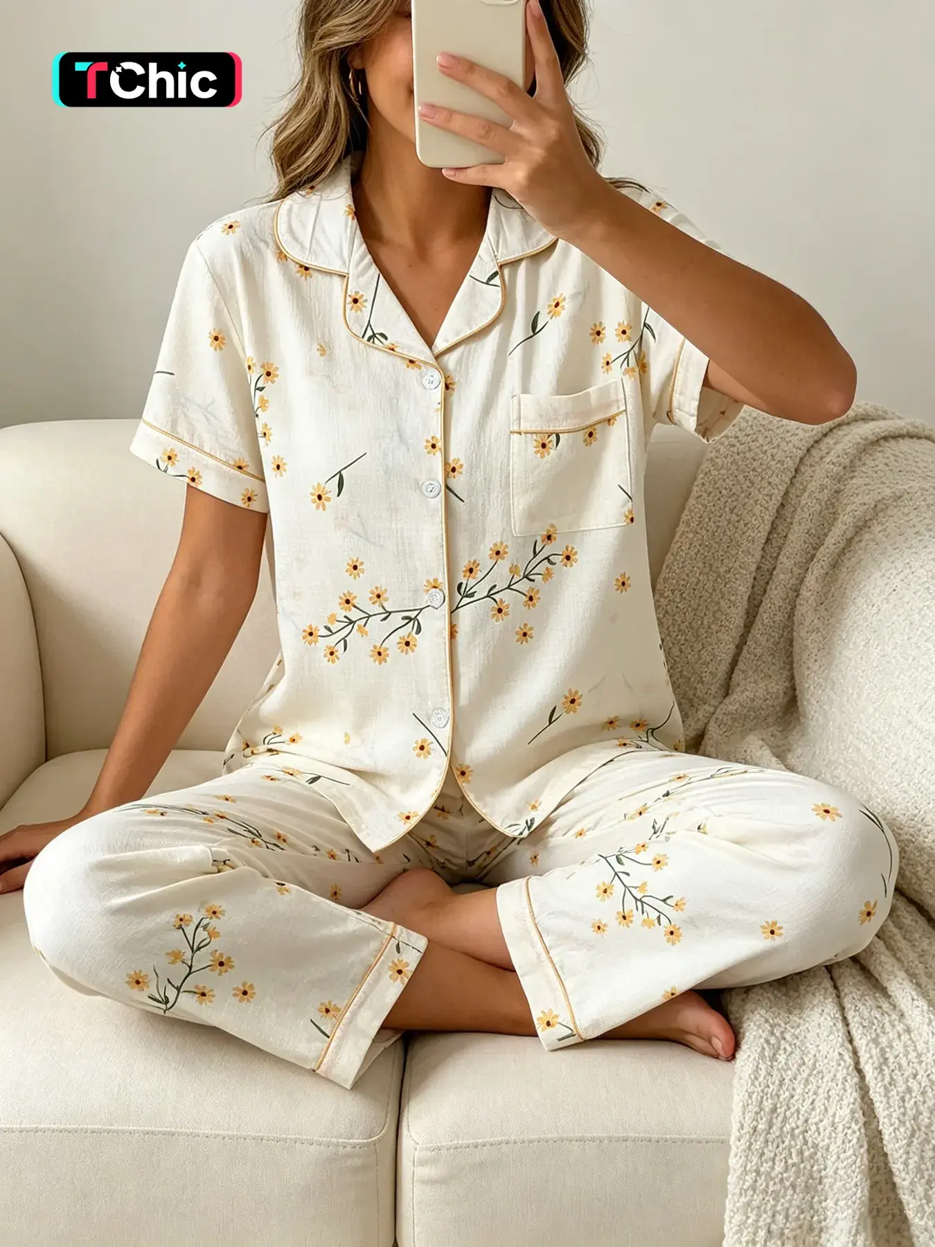 Women's Short Sleeve Button Down Top and Pants Pajama Set, All Season Wear, For French Elegance, Cream Base French Daisy Print, Floral Sleepwear, Classic Lapel Collar, Loose Fit, Comfortable For Tea & Gatherings, Matching Pj Set