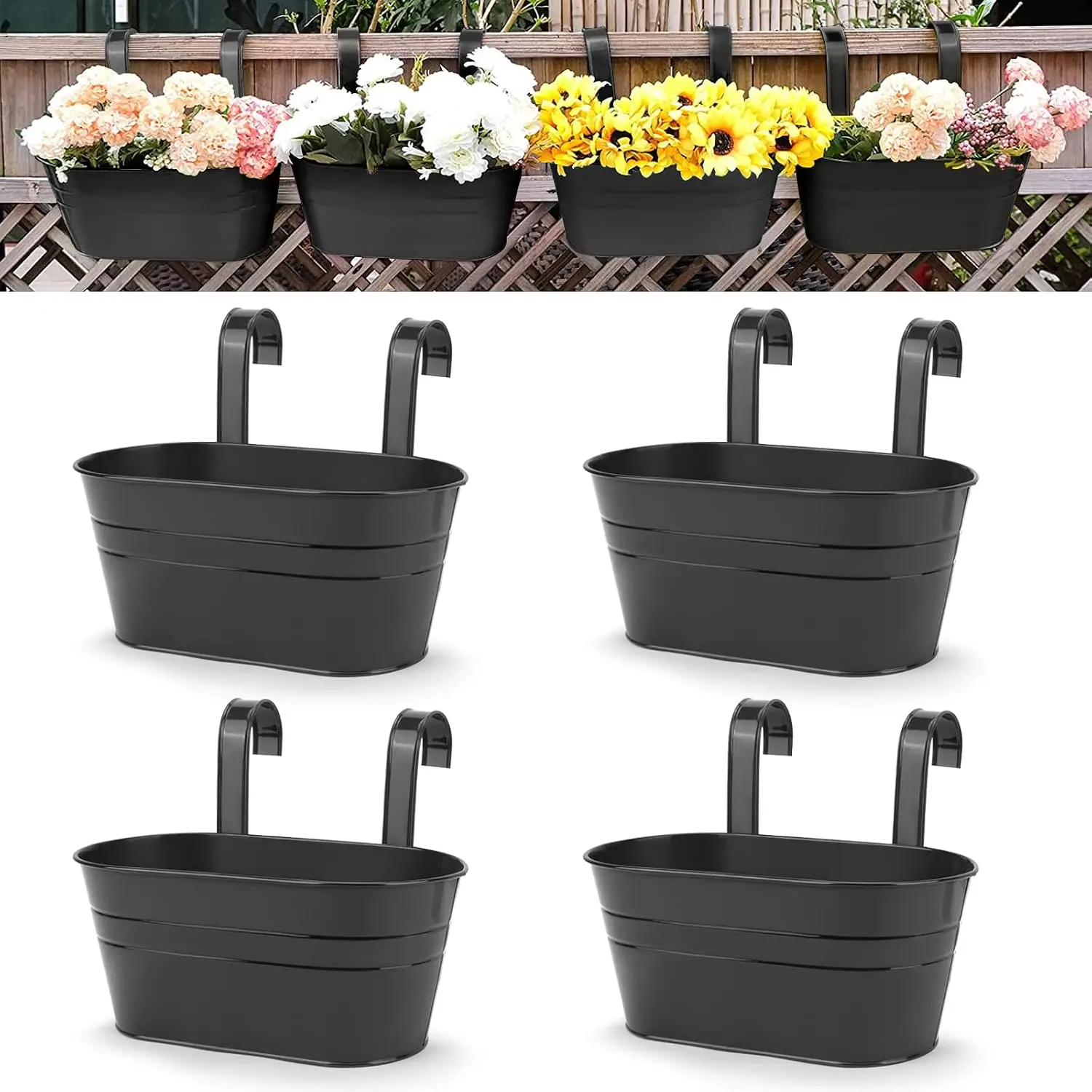 4pcs Metal Iron Hanging Flower Pots - Wall Planters with Detachable Hooks for Balconies Fences, Wall Railings, Indoor/Outdoor Home Garden Decoration Tools & Hardware Accessory