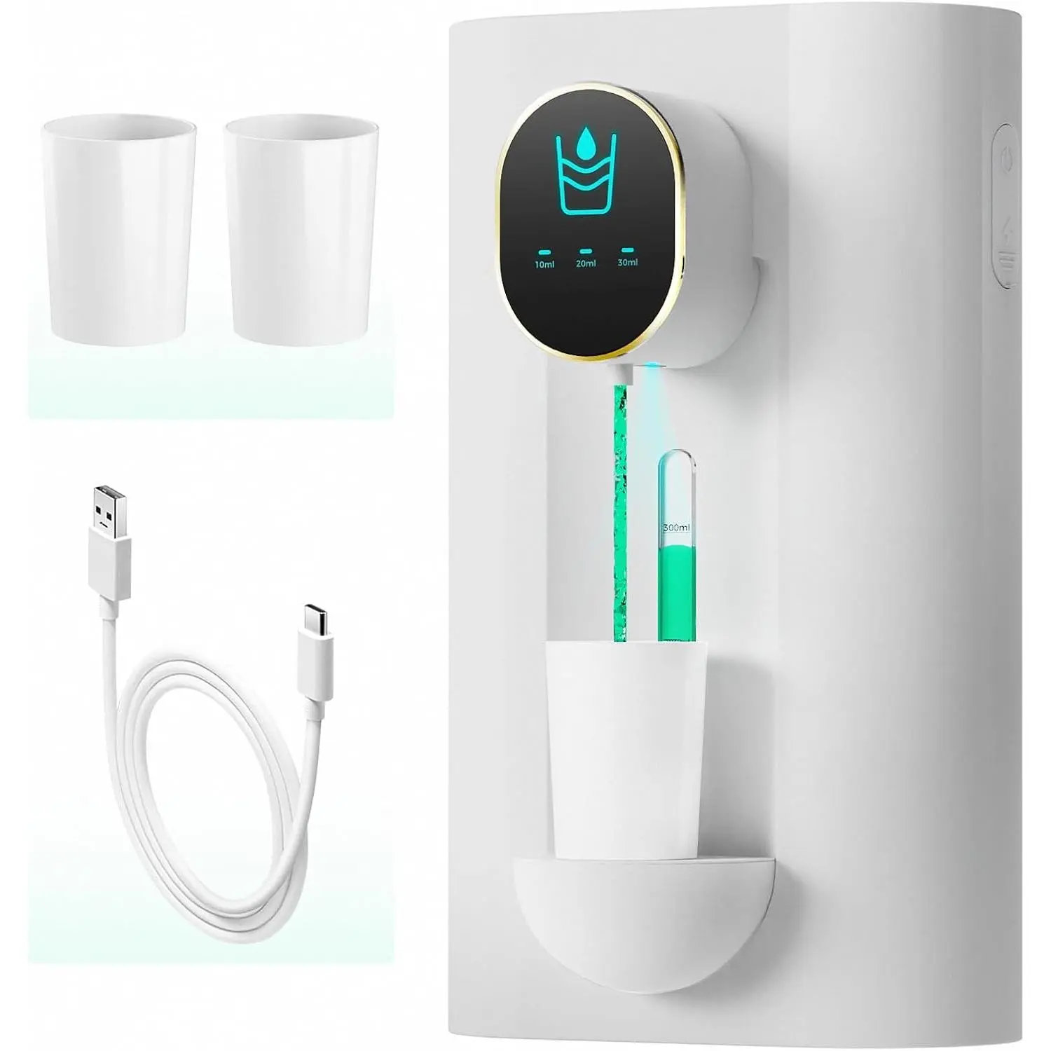 Automatic Mouthwash Dispenser 18.26 oz Touchless Mouthwash Dispenser for Bathroom 2  Cup USB Rechargeable and 3 Dispensing Levels with Led Screen Wall-Mounted or Countertop Use-White