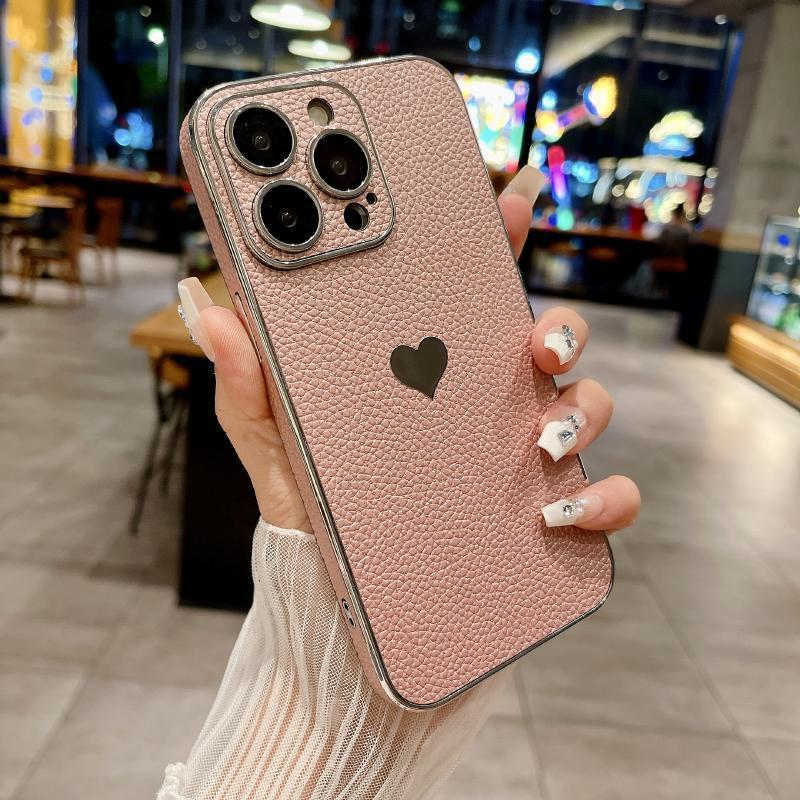 Luxury Solid Color Leather Plating Border Love Logo Phone Case For iPhone 16 Pro Max 14 11 12 13 15 Pro Max Bumper Back Cover