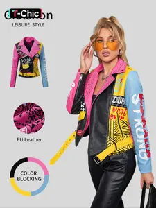 Women's PU Jacket with Belt, Casual Fitted Biker Jacket, Colorblock Animal Print Rivet Design, All Seasons Wearable Outerwear, Casual Fashionable Outerwear