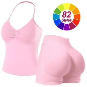 RICH BRIA Sports Sets for Women Seamless Halter Tank Top with High Waist Shorts Set for Yoga and Fitness, Breathable & Comfortable Activewear Summer Two-Piece