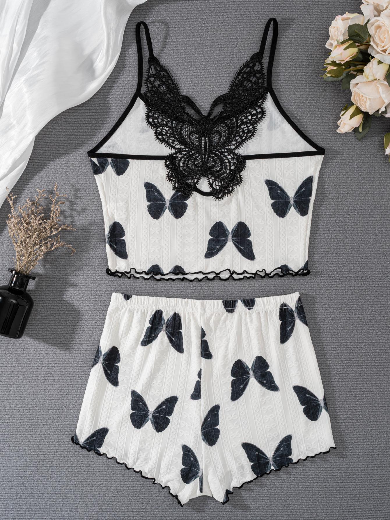 Women's Butterfly Embroidered Lace Cami Pajama Set, Sexy Spaghetti Strap Shorts, Comfortable Sleepwear for Summer Nights, Lace Lingerie Set