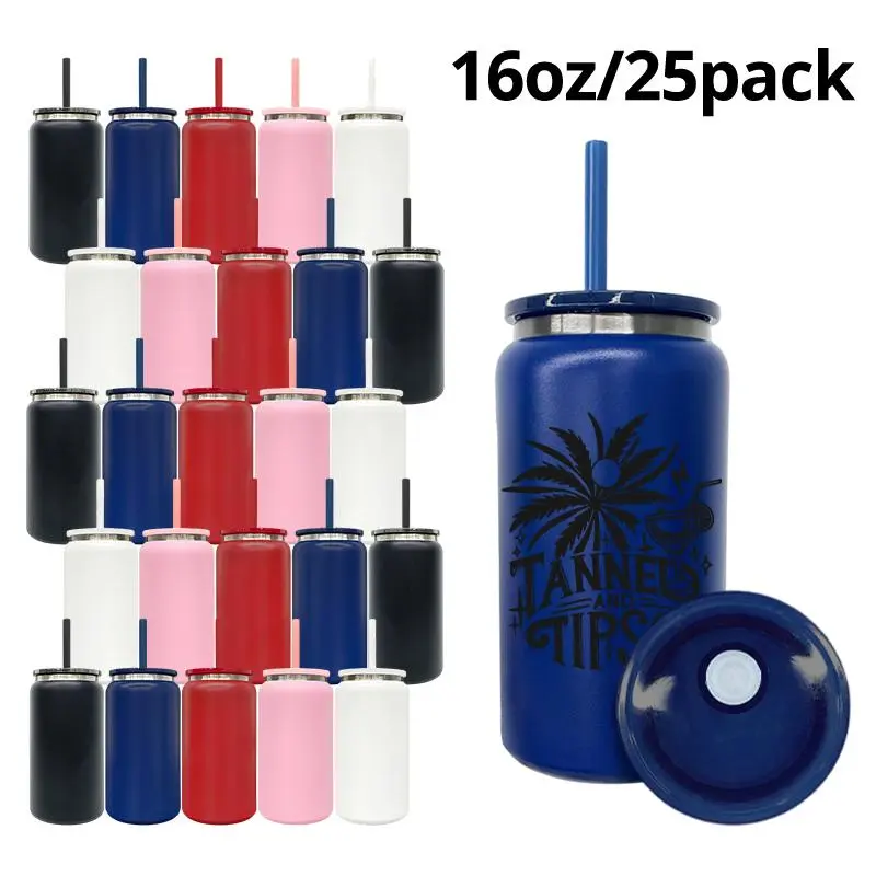 25pcs 16oz  Black Plated Engraving Tumblers - Double Wall Insulated Stainless Steel Bottled Water Containers, Mixed Color Lids & Straws, Laser Engrave Compatible, Festive Gift Drinkware304 Stainless Steel Tumbler