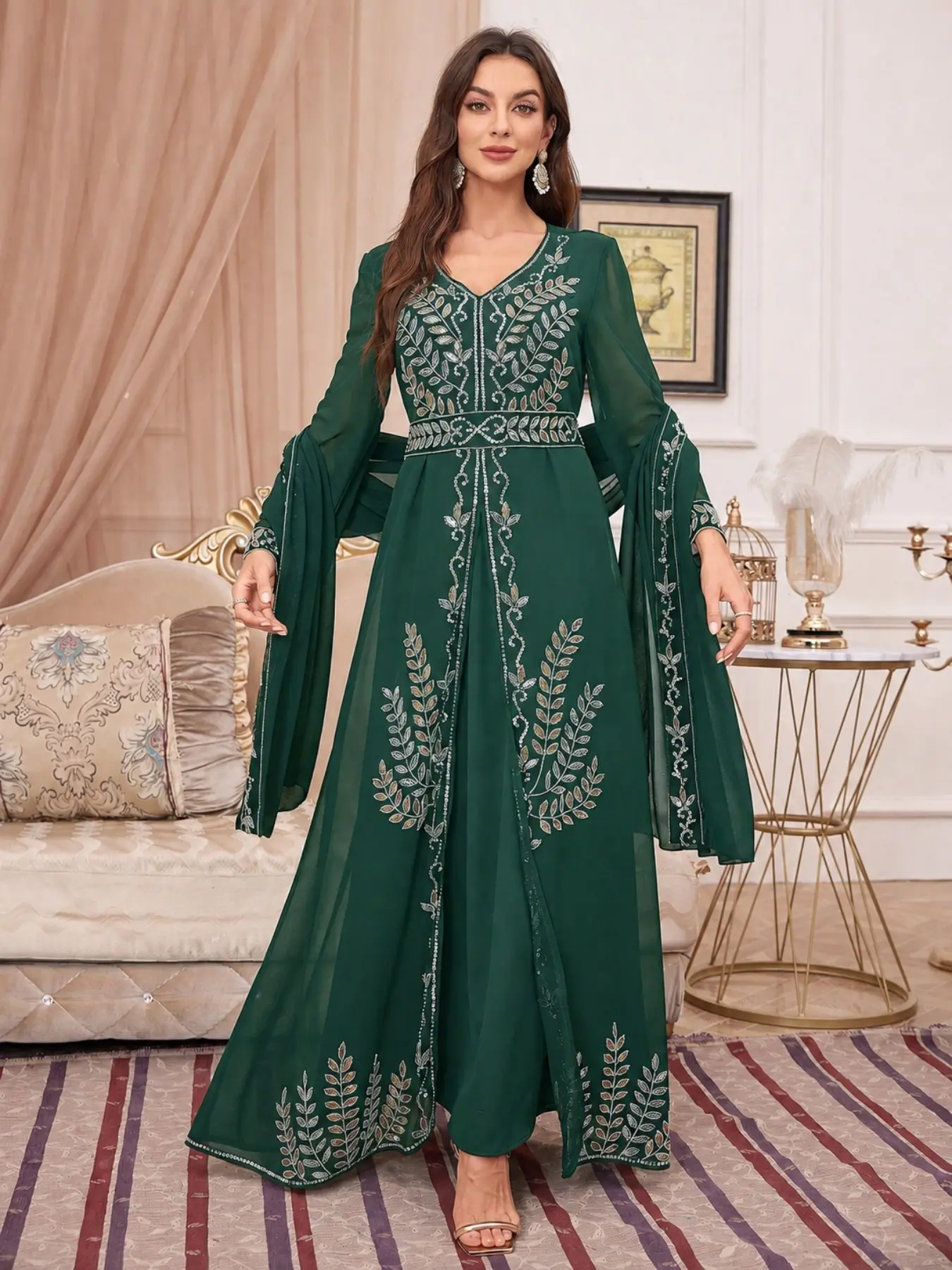 Luxurious Arab Kaftan Set, Two-Piece Headscarf Outerwear, Muslim Wedding Dress, Elegant Evening Wear, Maxi Long Sleeve