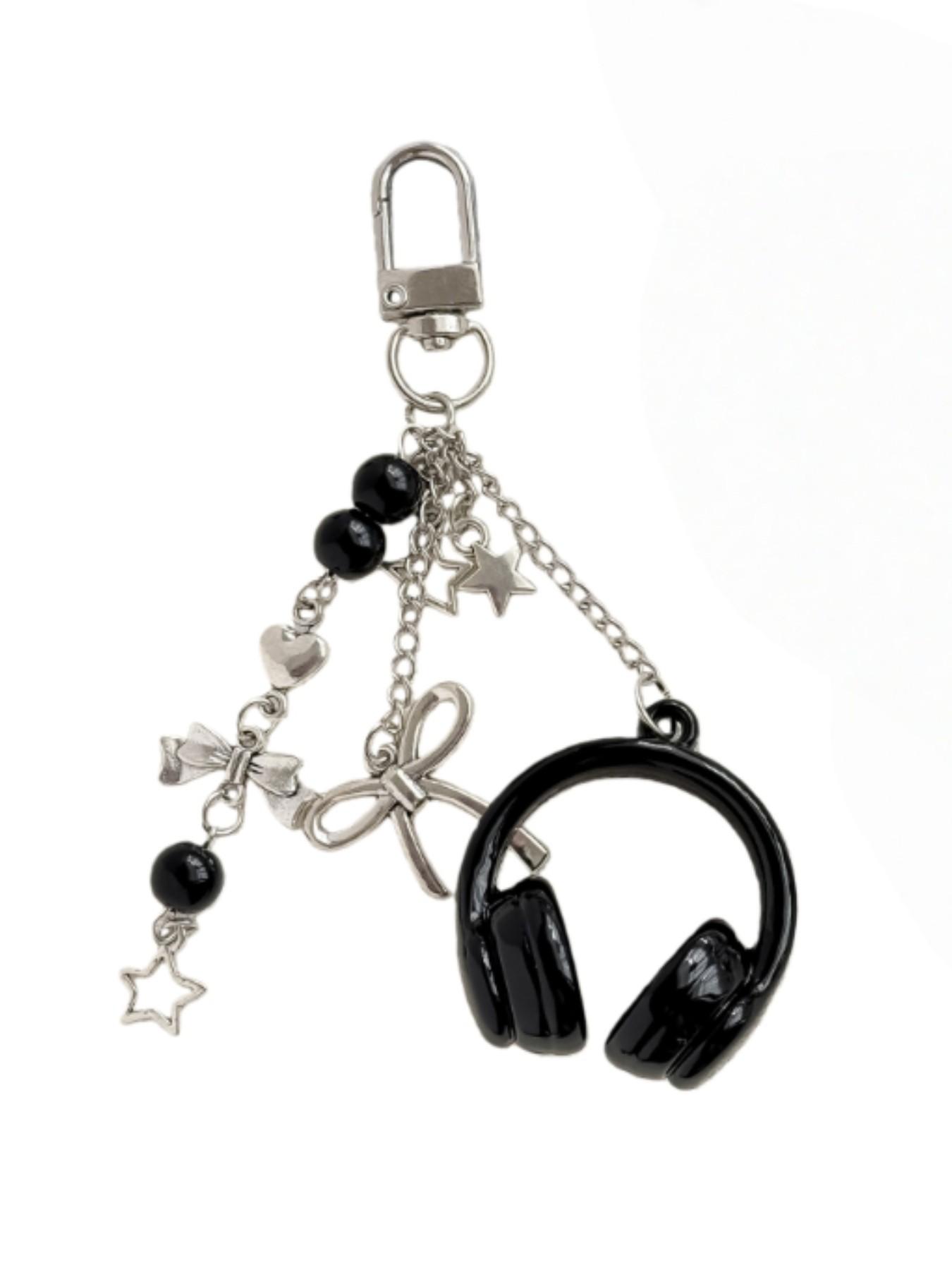 Cute Creative 3D Beaded Earphone Keychain Bag Charm, Headset Phone Strap Pendant,Music Headphone Keyring Bag Keychain Phone Chain Unisex Backpack Pendant Hanging Decoration Accessory,Ideal Gift for Friends/Besties/Family/Couple Black Silver Pink