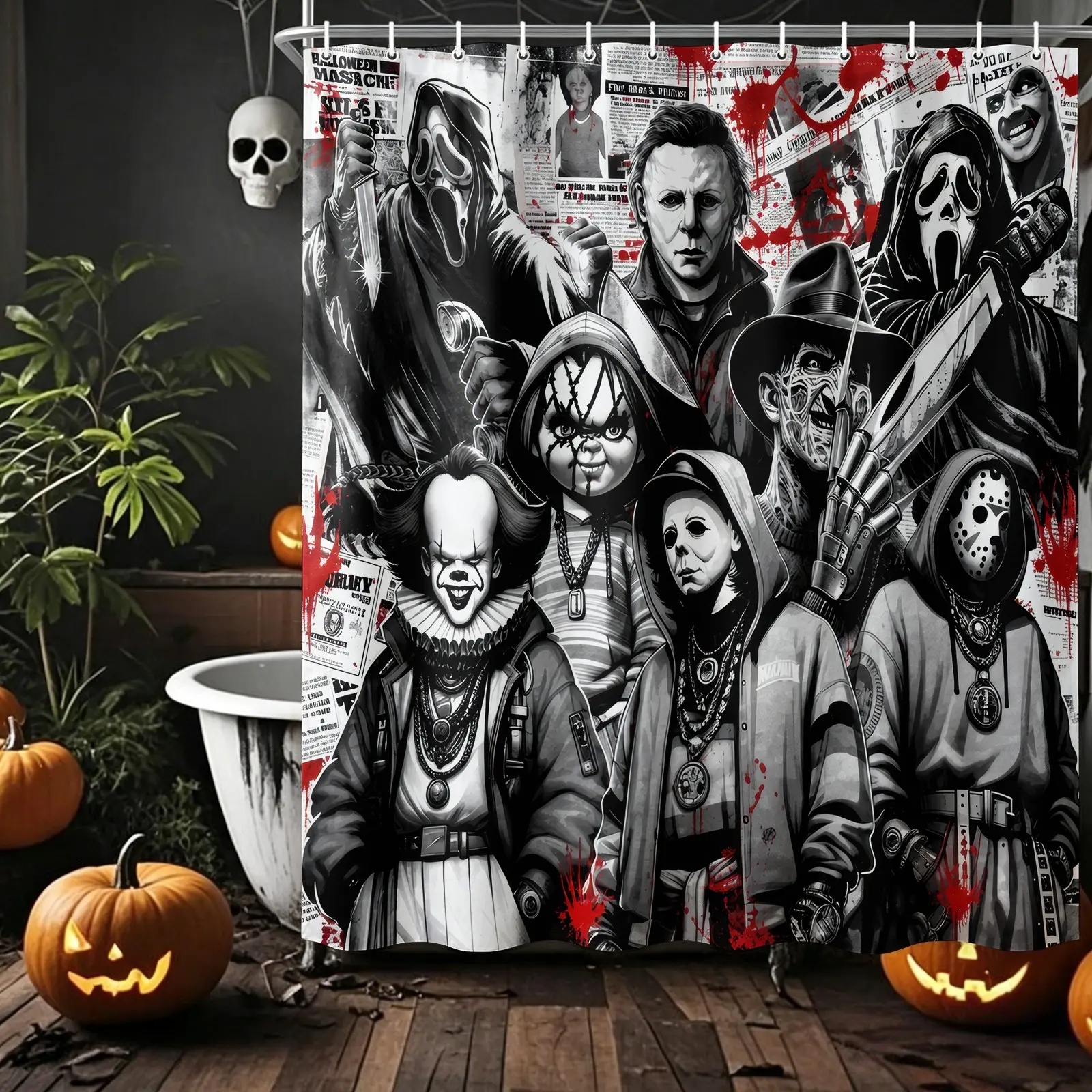 Classic Horror Movie Villain Newspaper Style Waterproof Shower Curtain, Gothic Shower Curtain, Clown Mask Killer Knife Blood Print, Oxford Fabric Anti-Mold, For Movie Fans Bathroom Dorm Horror Bathroom Halloween Themed Bathroom Decor