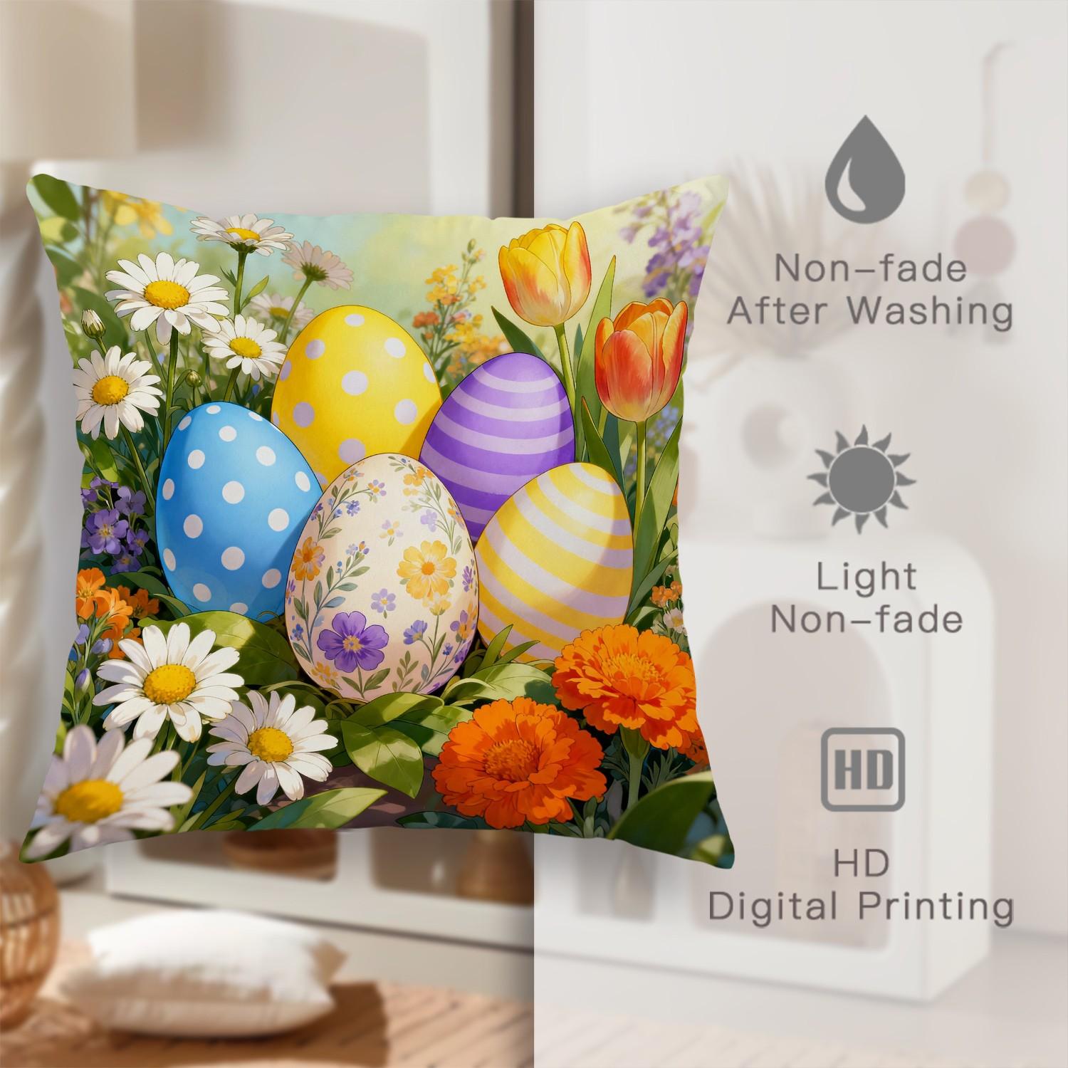 Jit 2pcs 2D Flat Easter Eggs Throw Pillow Covers, Spring Festive Daisies Tulips Design, Soft Velvet Material, Washable Cushion Cover