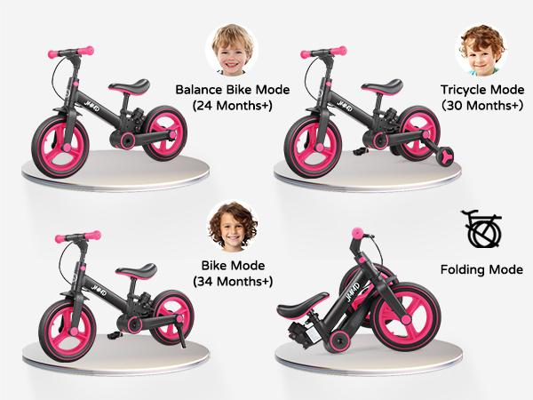 【ChristmasGifts】JMMD Multi-Functional 6-in-1 Toddler Bike for 18-60M Baby Balance Bike with Training Wheels, Pedals & Push Handle | Ride-On Toy with Brakes & Kickstand | First Birthday Gift for Baby Boys & Girls