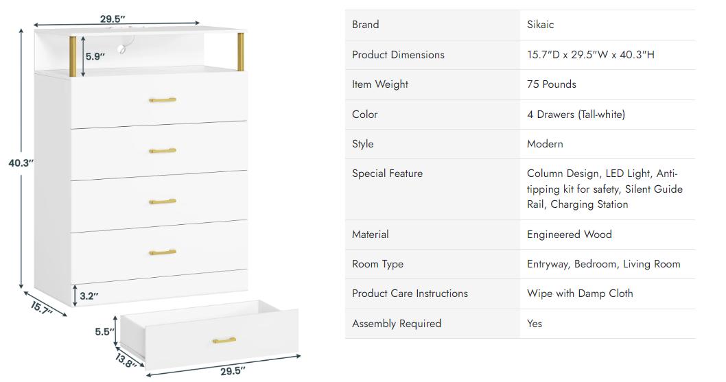 Sikaic 4 Drawers Led Tall Dresser With Charging Station For Bedroom Closet