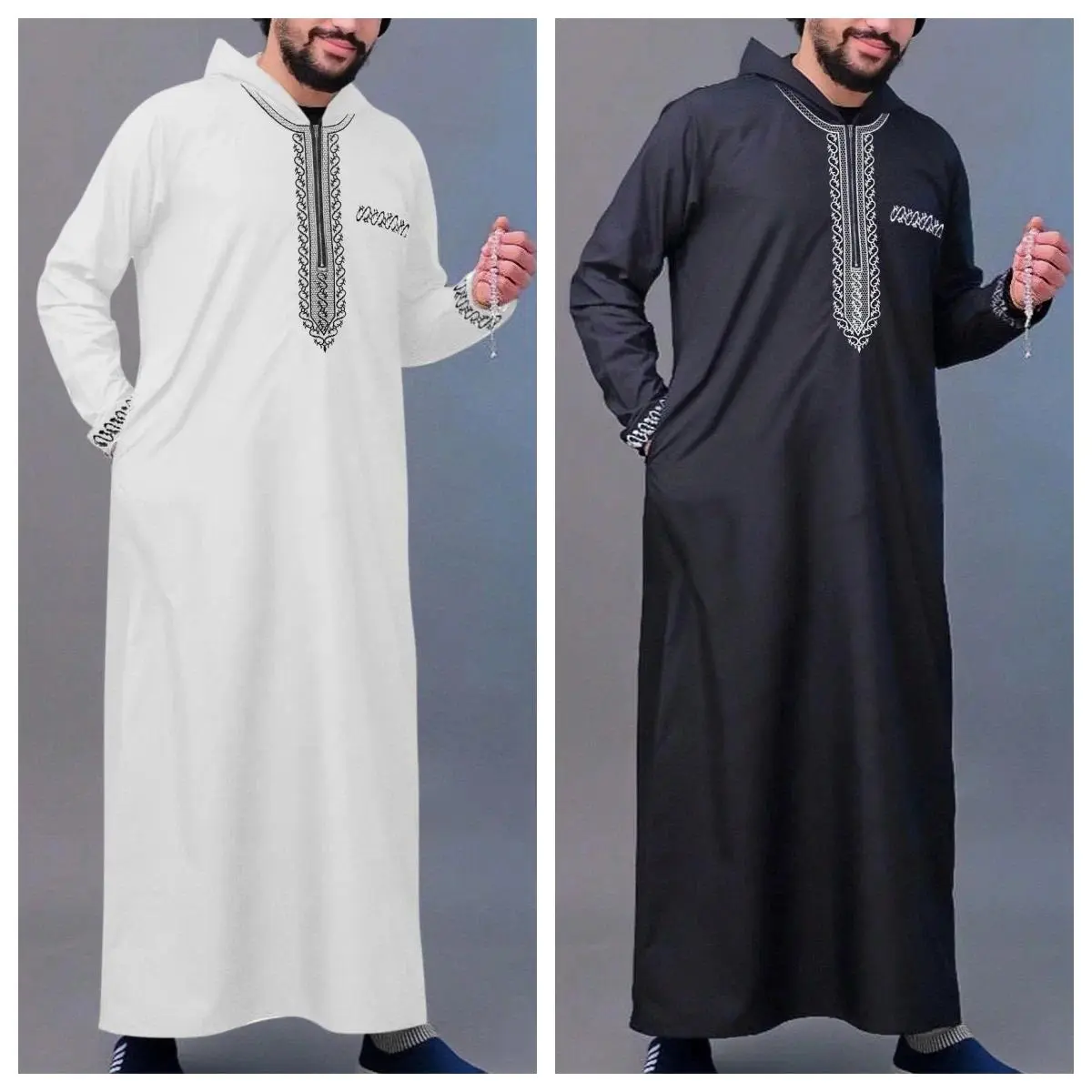 New Men's Loose Hooded Robe Luxury Embroidered Long Sleeve Muslim Garment Robe Juba Sobi Traditional Men's Robe
