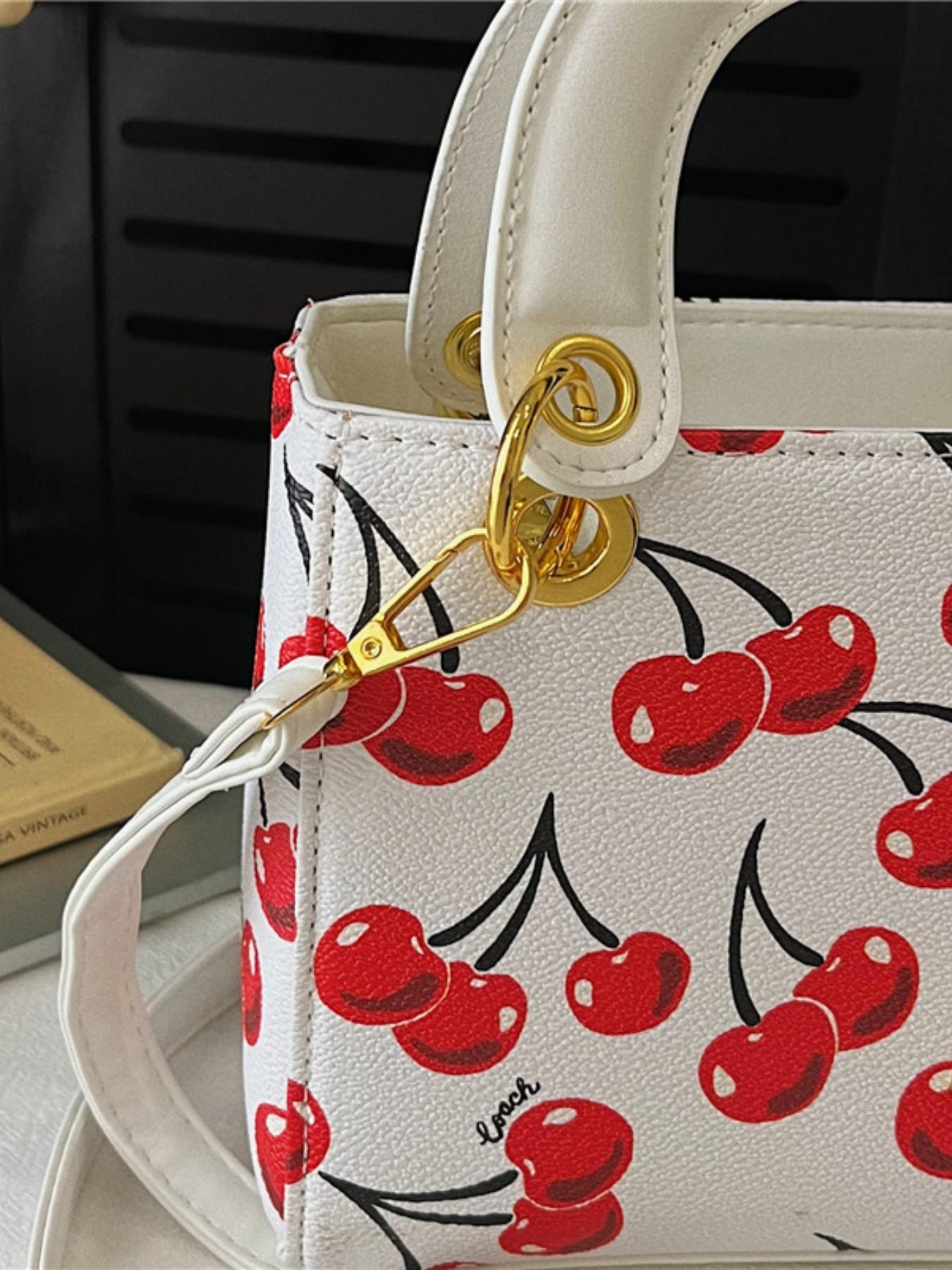Background Cherry Print Mini Two-In-One Bag, Valentine's Day Gift, Sweet Girl Style, Perfect for Date, Romantic Exclusive