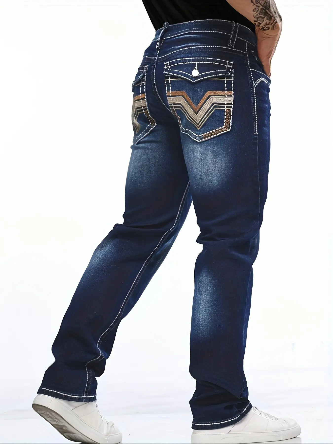 Men's Esdvq Embroidered Jeans, Elastic Waist Slim Fit Thick Stitch Straight Leg Pants, Durable Anti-Scratch All-Season Wear