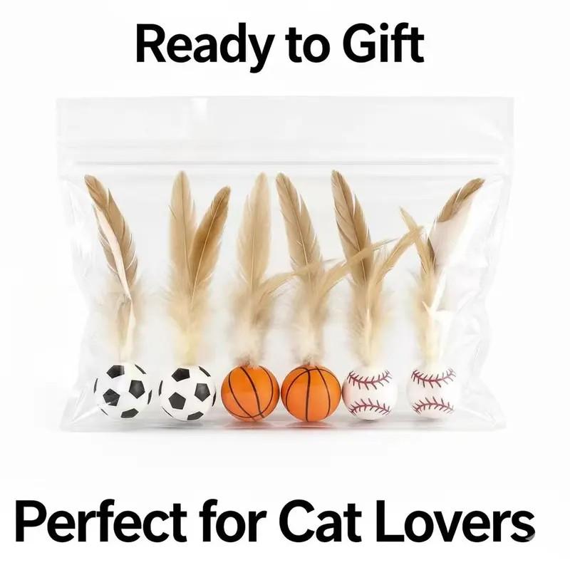 Interactive Cat Toys Set, New Elastic Ball with Feather Tail, Soccer Basketball Baseball Shapes, Indoor Chase Game, Essential Cat Toy