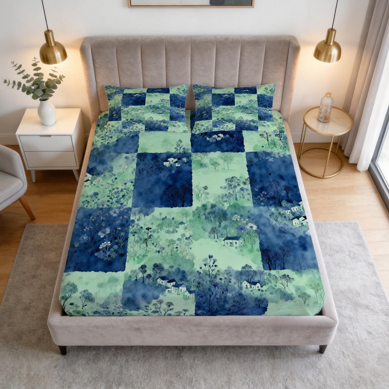 3 Piece Bohemian Blue Orange Floral Fitted Sheet Set, HD Digital Printed Bed Sheet Set, Deep Pocket Soft Bedding Set ( No Inserts) for Bedroom Decor