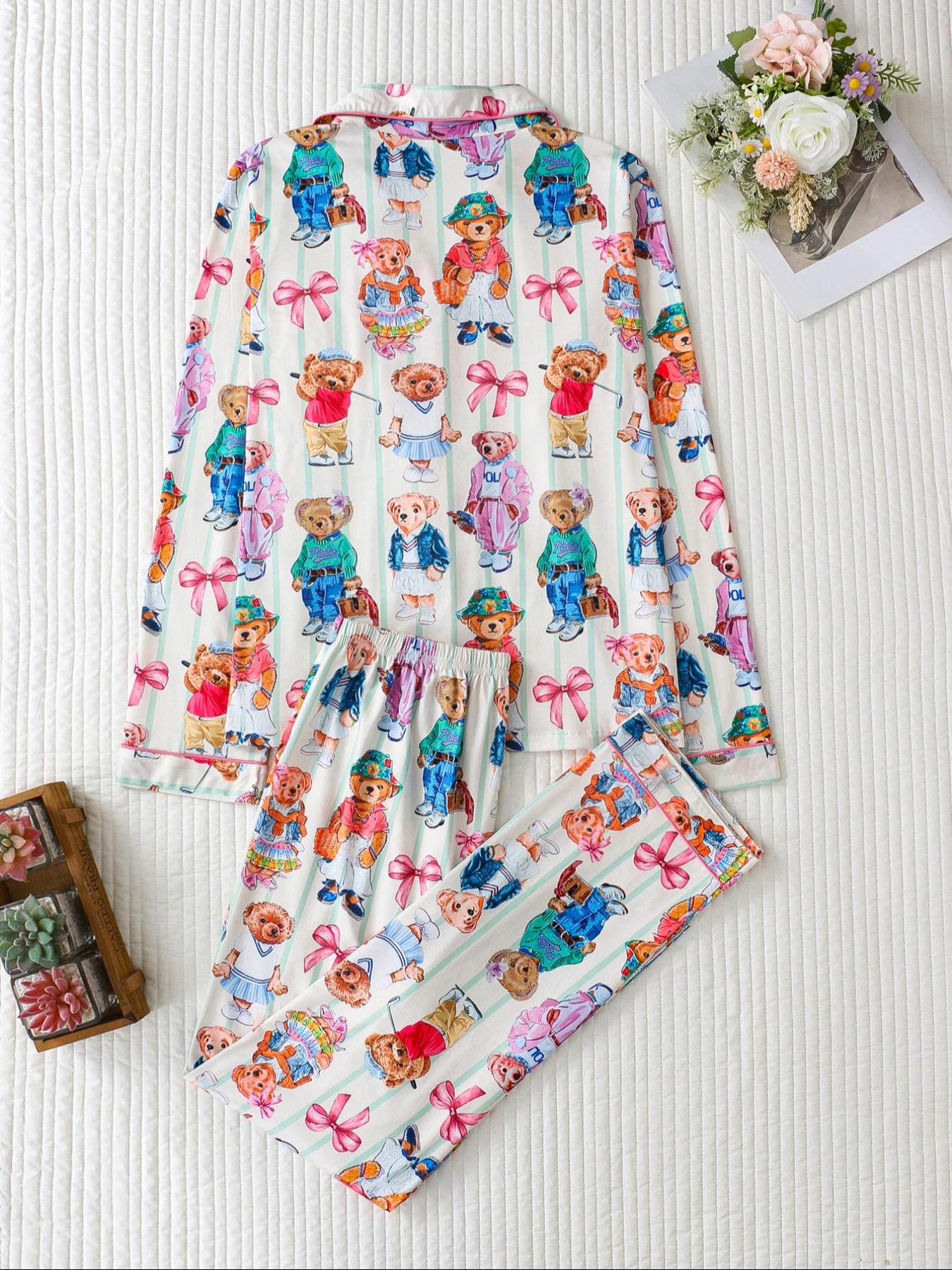 Elegant Women's Spring Autumn Pajama Set, Heart Pattern Long Sleeve Top  & Soft Comfortable Pants, Perfect for Home Wear