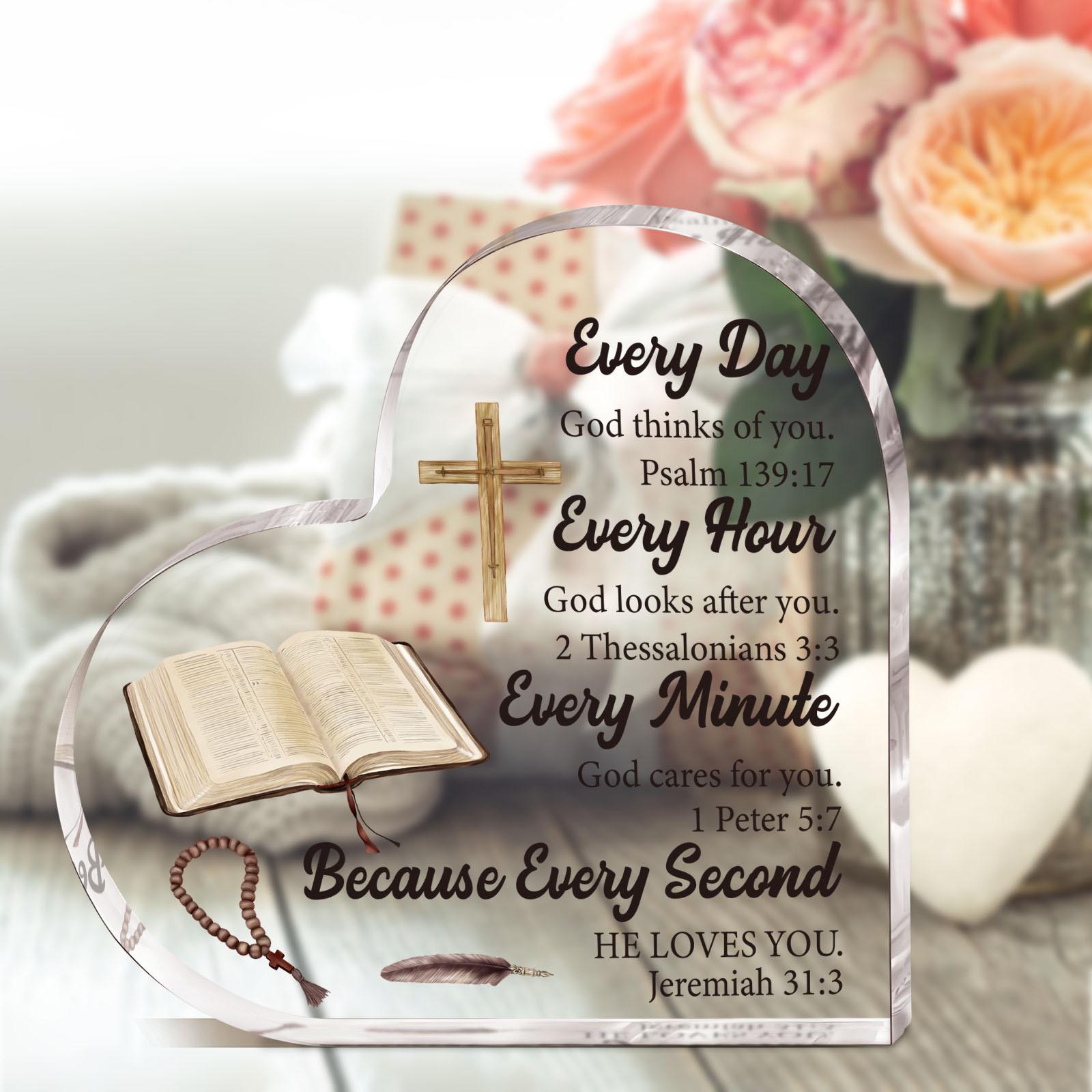 Acrylic Heart Shaped Plaque, 1 Count Bible Verse Pattern Ornament, Home Office Desk Decoration Gift for Pastors Women Daughter Friends Bestie, Acrylic Plaque Sign