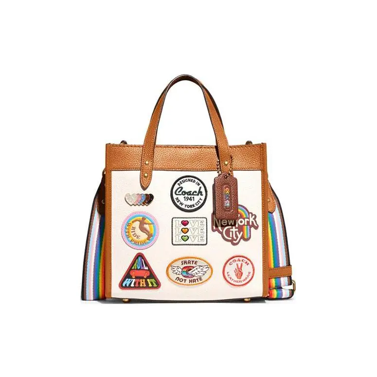 COACH Field 22 Embroidered Logo Patchwork Tote Bag for Women in Tan Leather