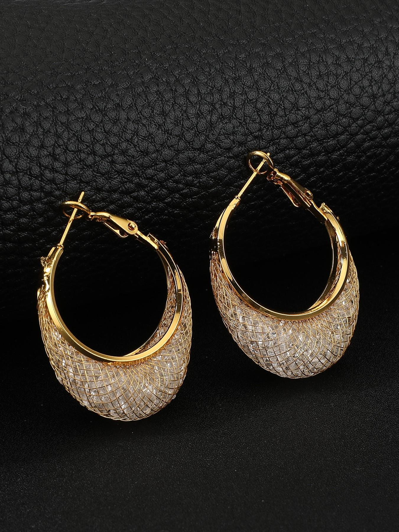 Vintage Braided Mesh Full Rhinestone Large Circle Earrings, 18k Gold Plated Luxury French Accessories, Boho Style Titanium Alloy Chain