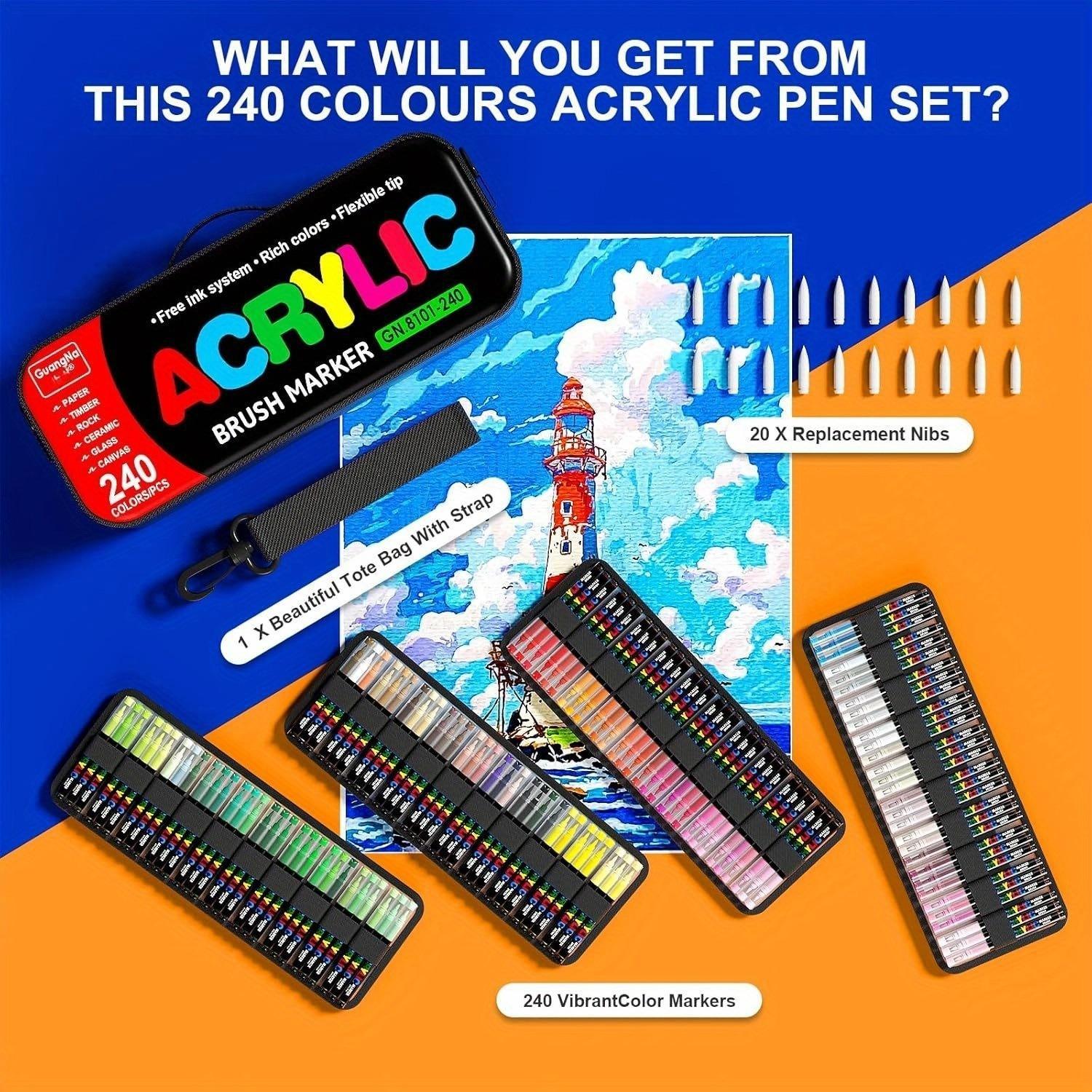 Direct Liquid Acrylic Paint Pens, 12-240 Colors, Soft Brush Tip, Water-Based Markers, for Fabric, Canvas, Rock, Glass, Wood, Paper