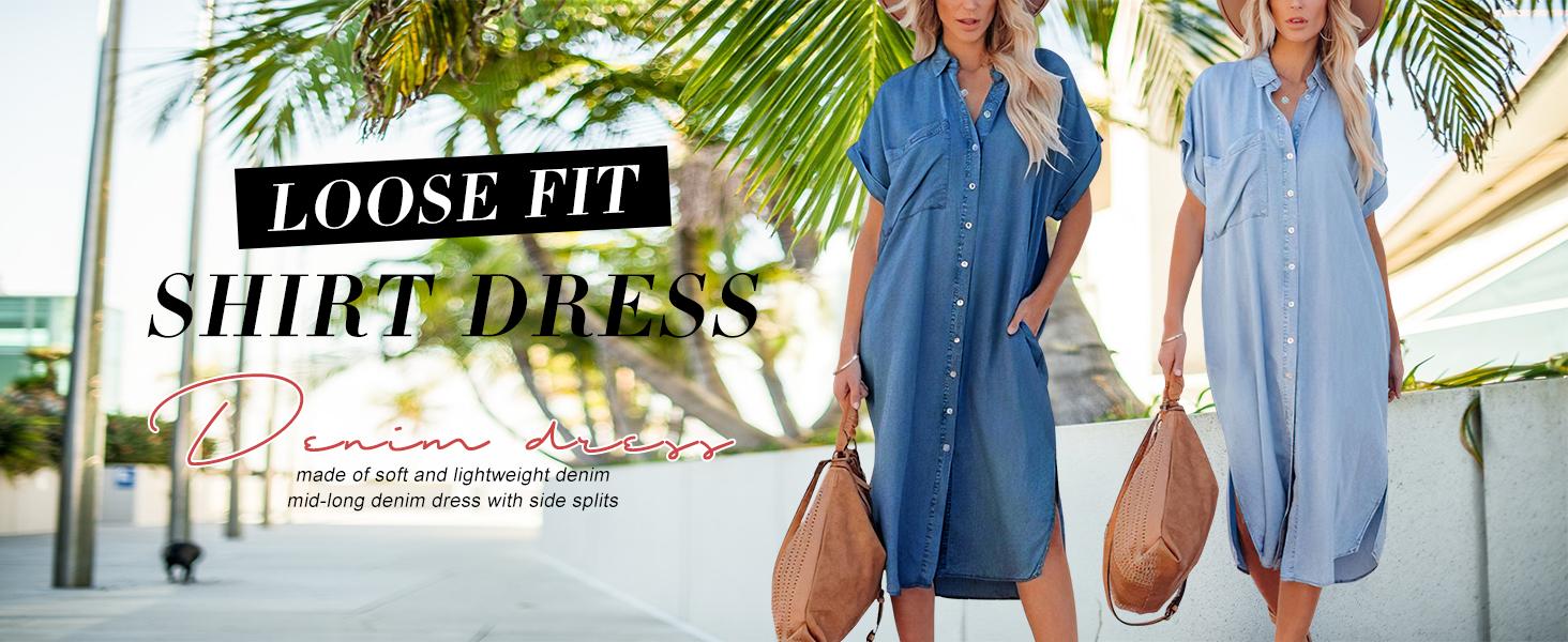 Chouyatou Women's Summer Loose Hand Pocket Midi Long Tunic Denim Shirt Dress Comfort SpringStatements