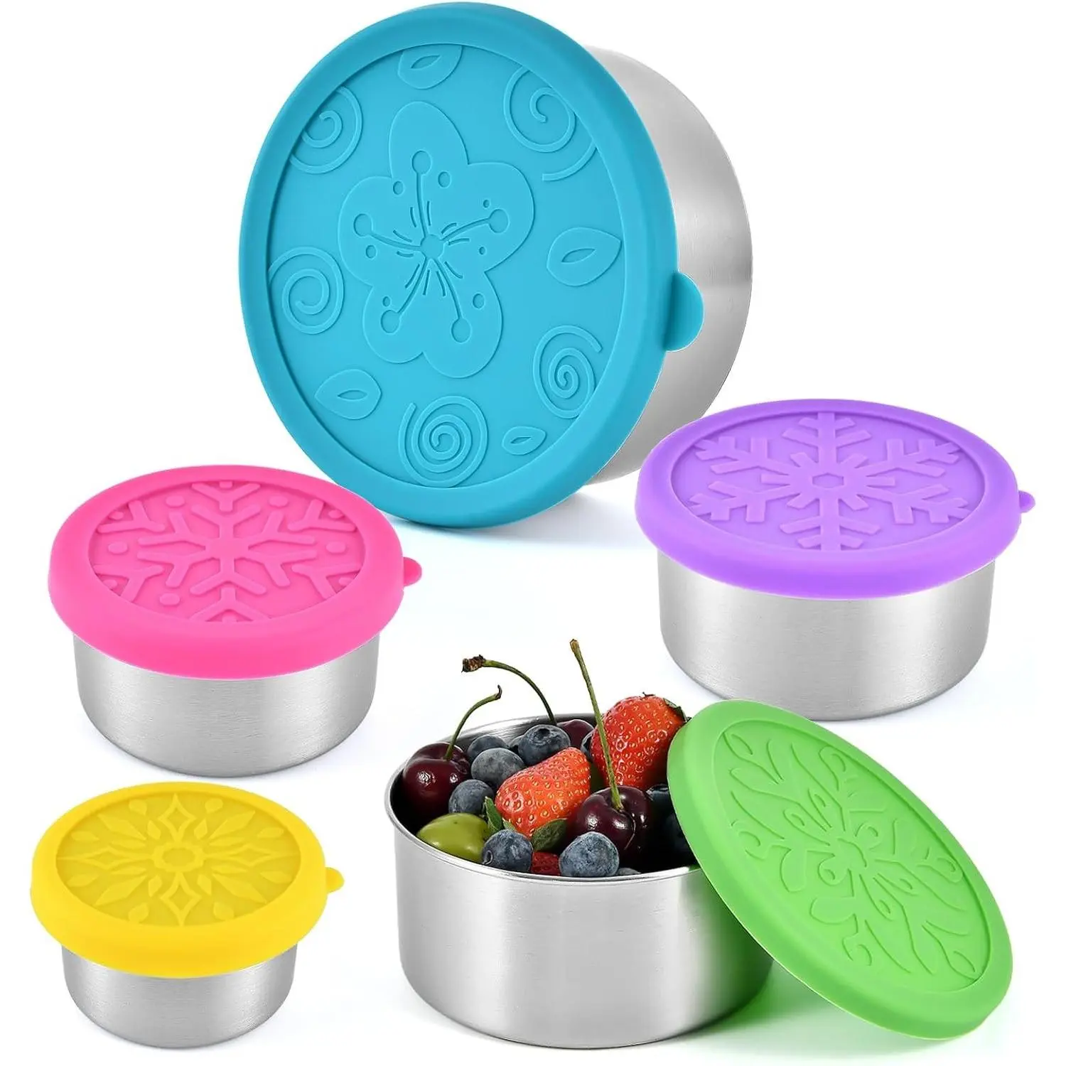 5-Piece Multi-Size 304 Stainless Steel Snack Containers with Silicone Leakproof Lids, Stackable Nesting Lightweight Metal Food Storage Boxes for Travel, Home Organization