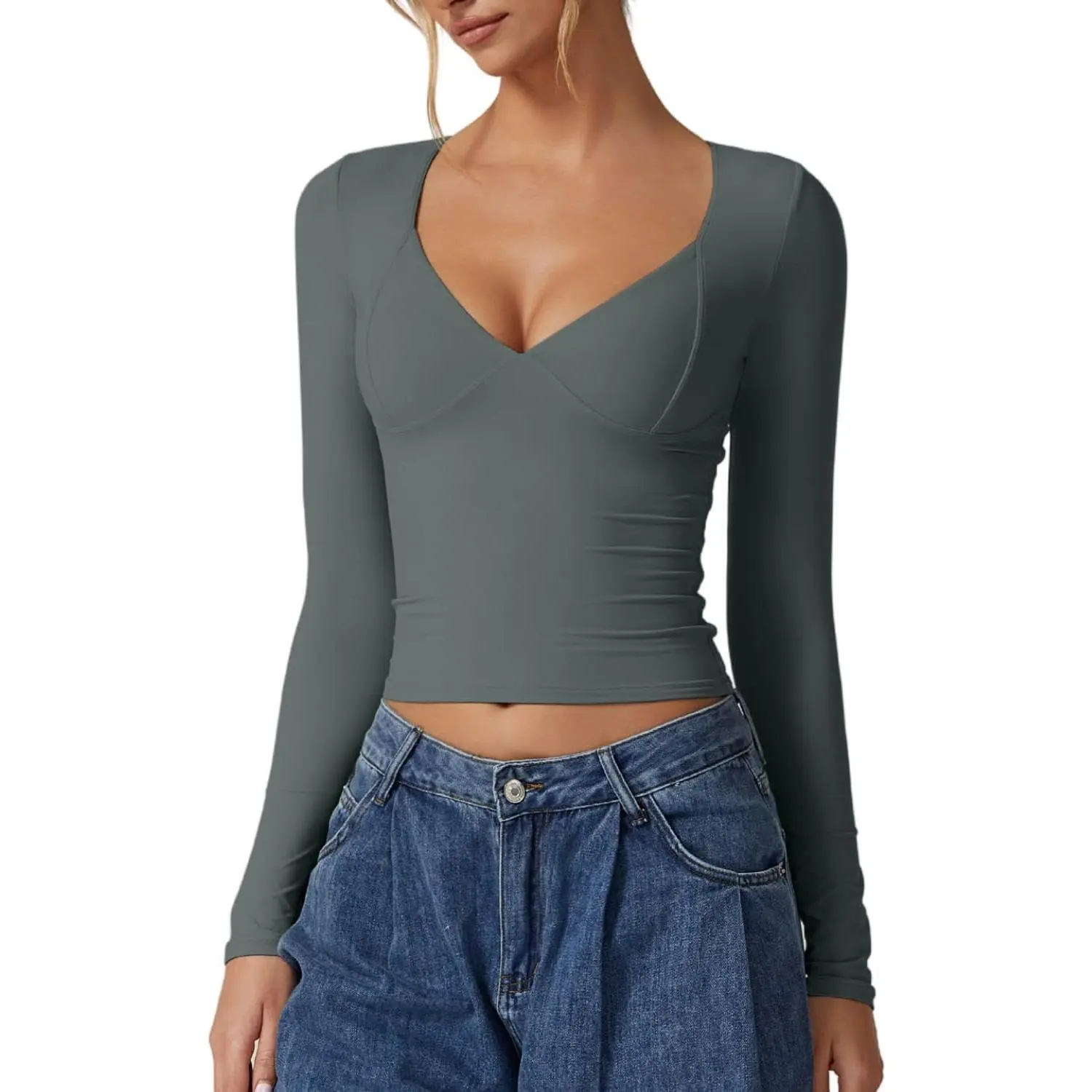 QINSEN Apparel Women's Long Sleeve V Neck T Shirts Double Lined Crop Top Seamed Cup Going Out Tops