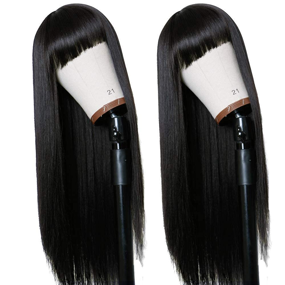 [New Upgrade With Drawstring] CheetahBeauty Glueless Wigs Straight 2×4 Lace Closure Wig Human Hair with Bangs Upgraded Drawstring Loose Body 180% Density Brazilian Virgin Human Hair for Women Natural Black