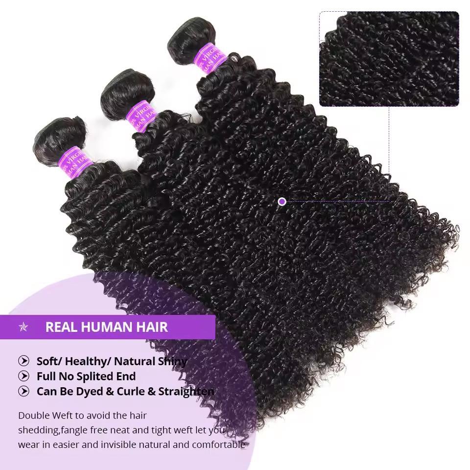 Kinky Curly Hair Bundles With Closure Virgin Human Hair Weave Bundles 10-28 Inches Natural Color Remy Hair Weave Extensions 100g/pc
