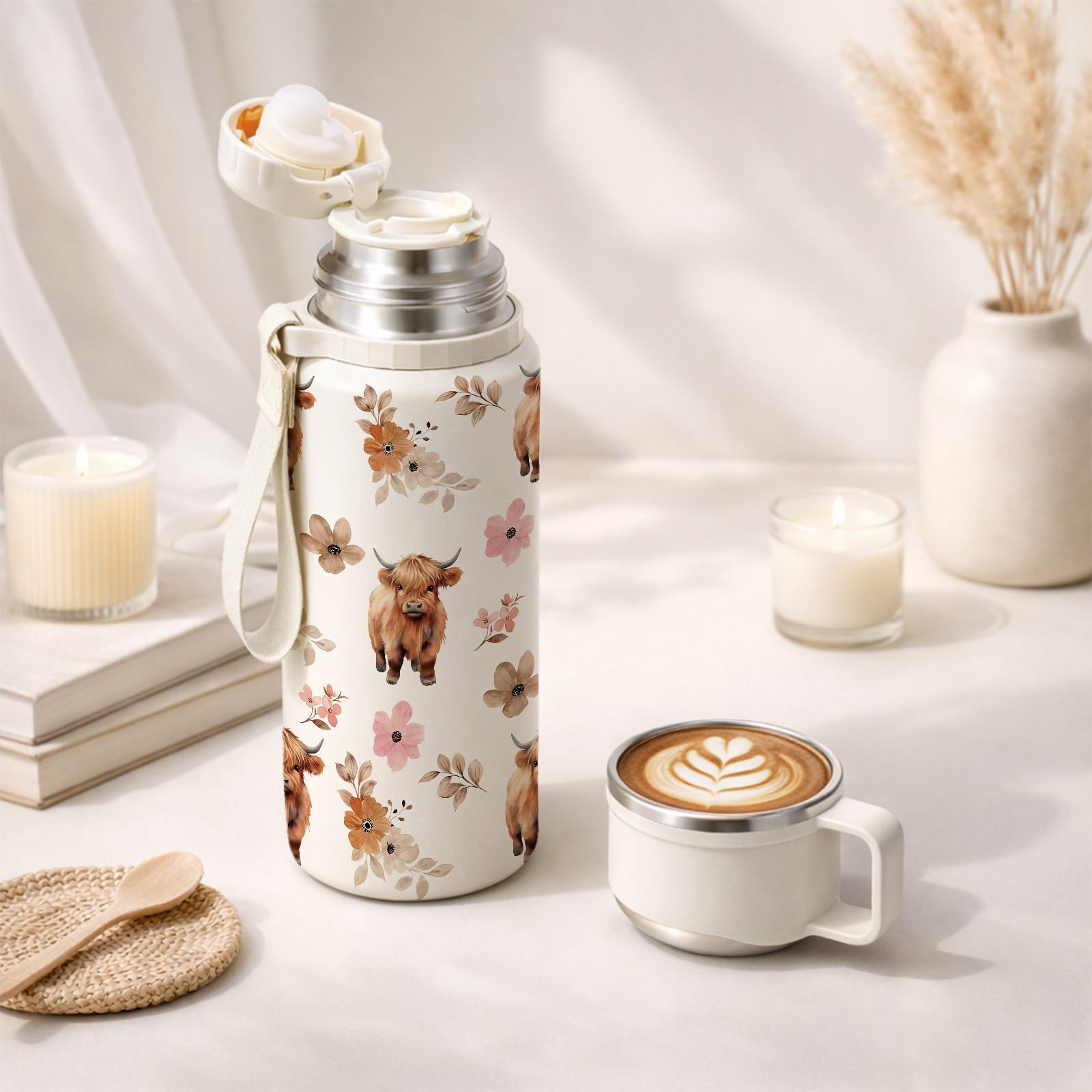 600ml Highland Cow Floral Insulated Water Bottle, 316 Stainless Steel Thermos with Handle & Strap, 48H Hot 24H Cold Leakproof Flask for Coffee Tea, Reusable Travel Tumbler for Outdoor Camping Hiking, Cute Aesthetic Gift for Women Girls