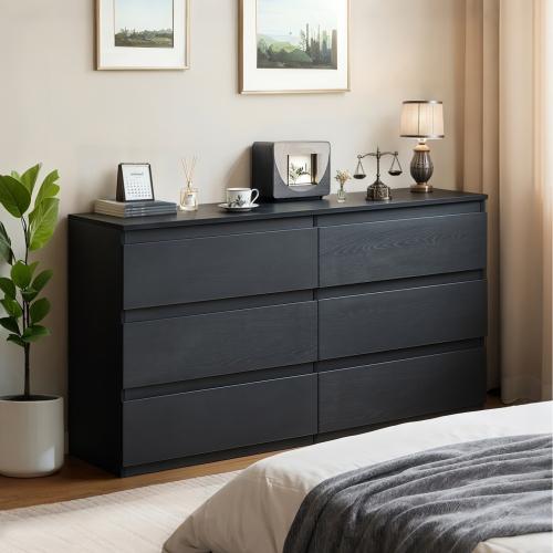 [Bellemave]6 Drawer Black Dresser, Modern Bedroom Dresser with Spacious Countertop, Wood Storage Cabinet with Concealed Handles & 6 Deep Drawers for Bedroom, Living Room, Entryway, 15.7" D x 47.2" W x 30.9" H