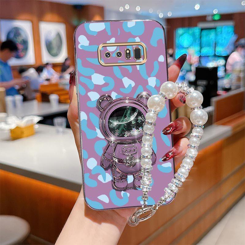 Note 8 Fashion Series Pearl Strap Lanyard Phone Holder Case For Compatible With Samsung Galaxy Note 8 Plating Cover and Elegant Blue Luxury Leopard Print Little Bear Protector Cases