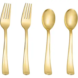 100PCS Gold Plastic Silverware, Heavy Duty Disposable Cutlery Set for Parties, Disposable Plastic Spoons and Forks Includes 50 Gold Spoons and 50 Forks for Wedding, Birthday, Dinner