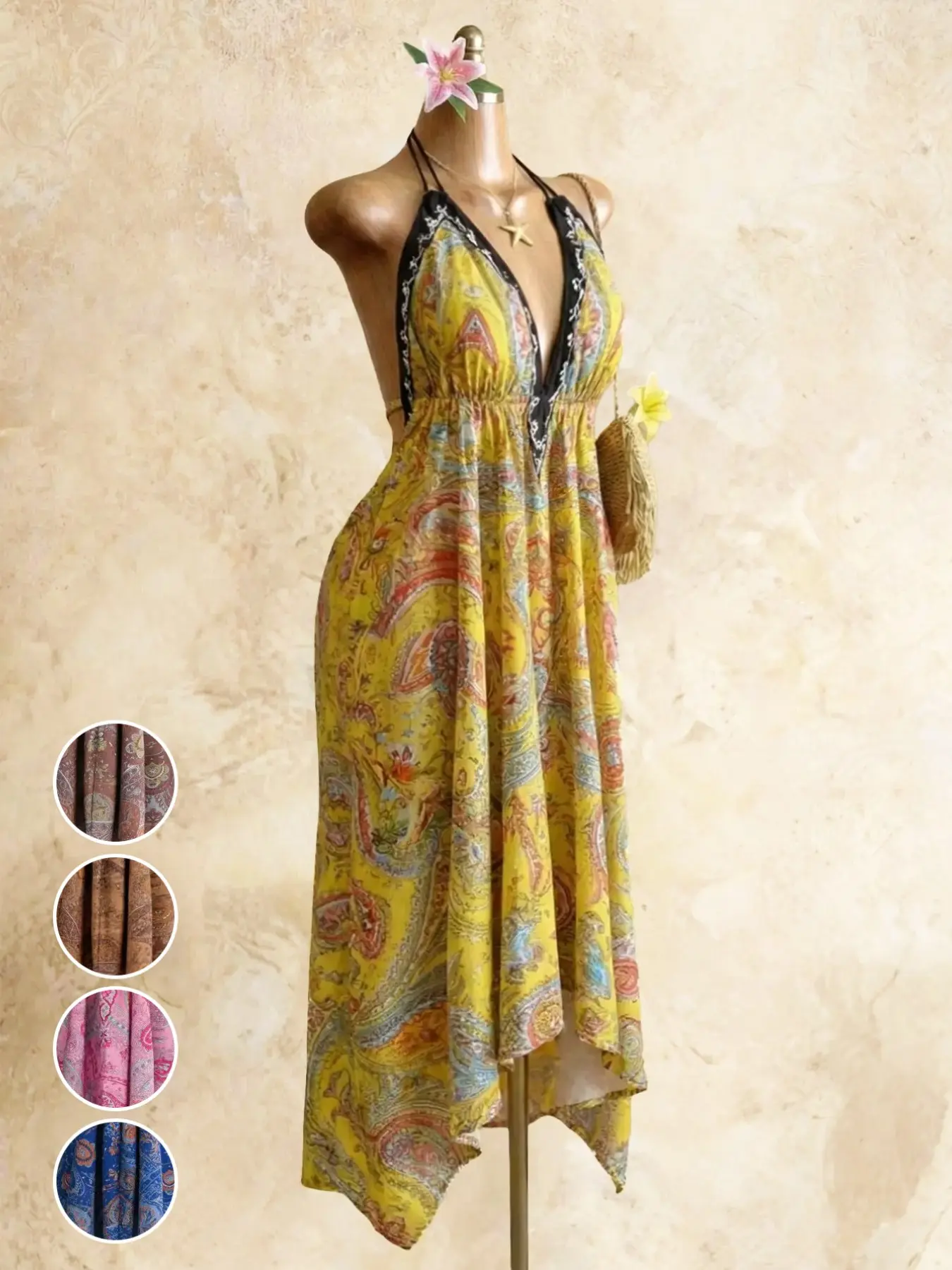 Women's Summer Boho Print Halter Long Dress, Deep V Backless Waist Cinch Sexy Dress, Perfect for Beach Vacation, Date, Daily Wear, Hiking, Boho Printed Dress