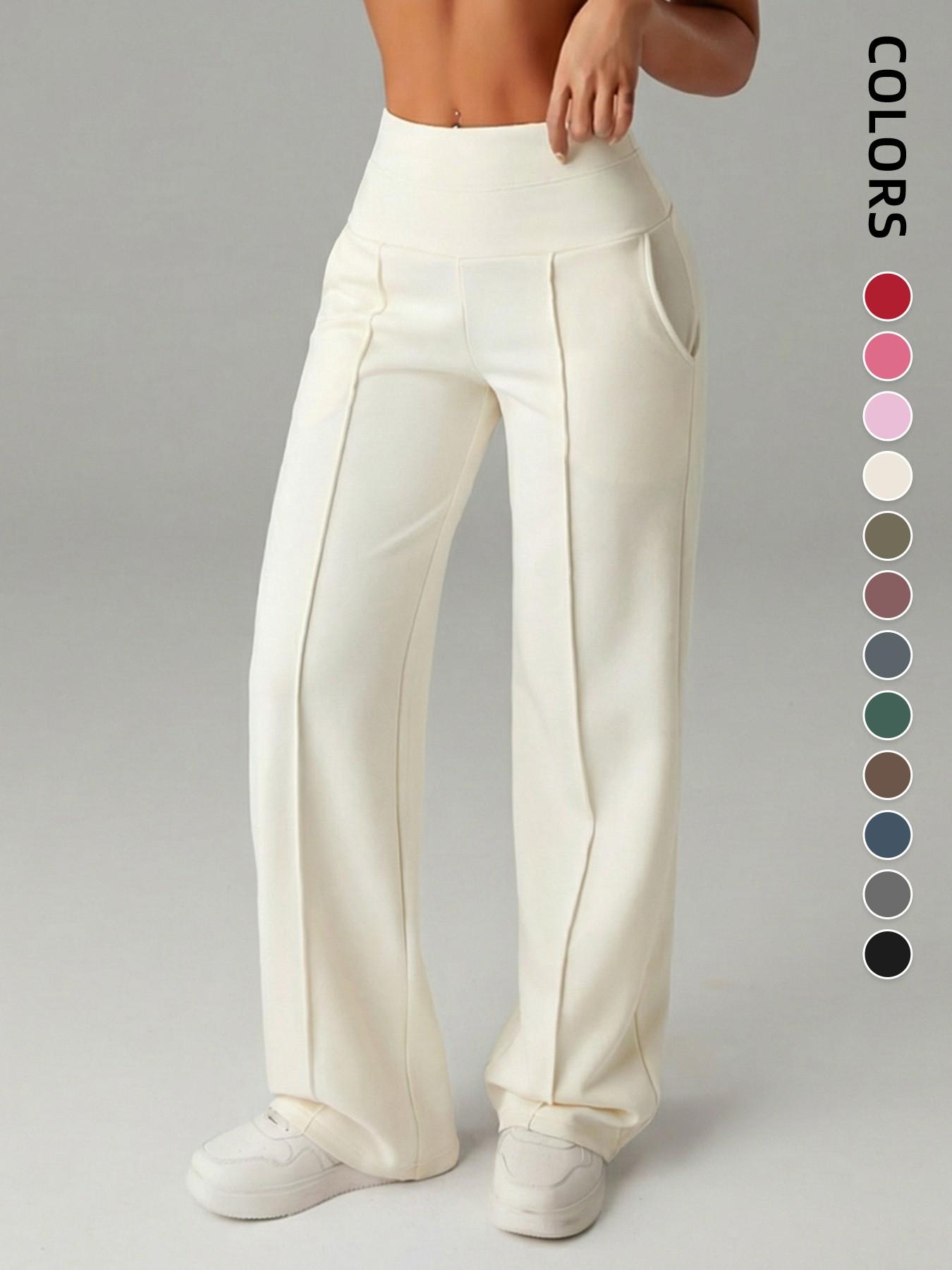 Women's Plain Loose Straight Leg Pants, Wide Leg High Waisted Athletic Sporty Casual Sweatpants with Pockets, Comfortable Daily Wear [Fits Small - Size Up Recommended]