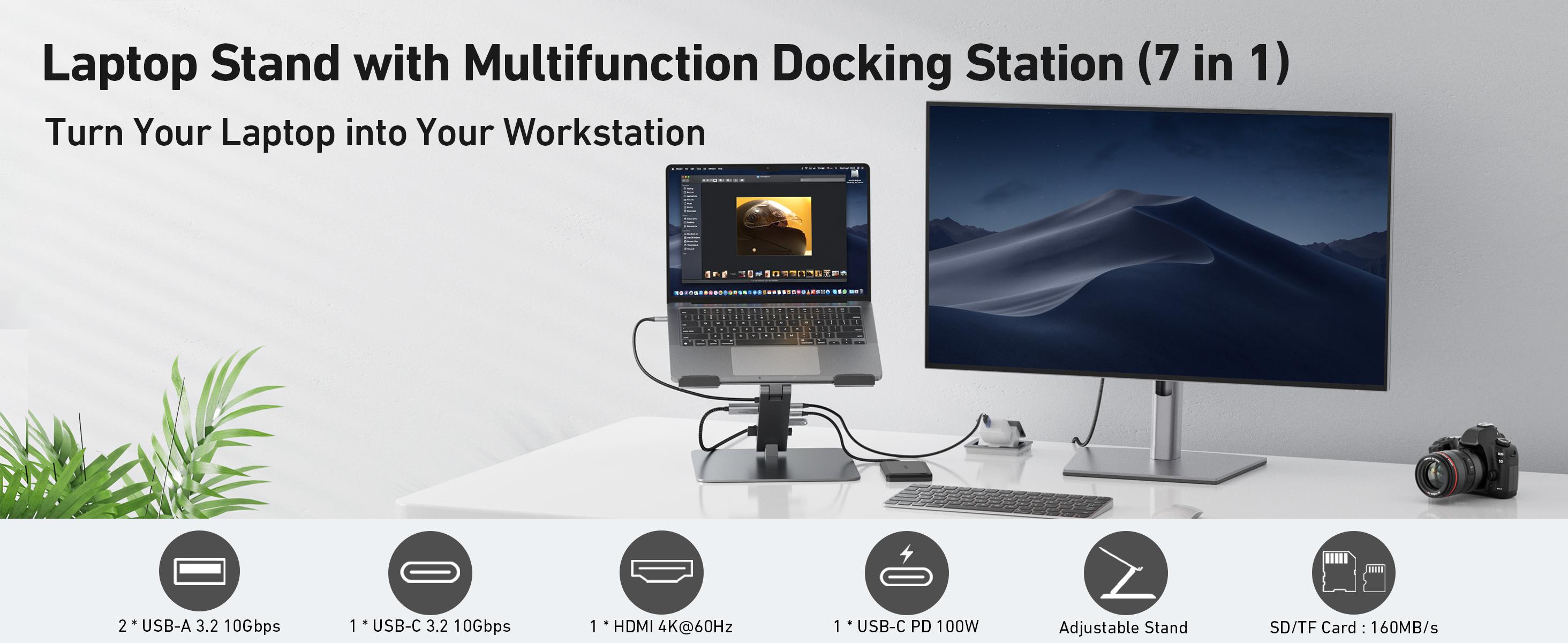 BENFEI Laptop Stand with USB C 7in1 Docking Station,HDMI 4K@60Hz,1*SD 1*Micro SD,100W Power Delivery,10Gbps 1*USB C 3.2 and 2*USB A 3.2 Compatible with MacBook Pro/Air, iPad Pro, XPS, Thinkpad