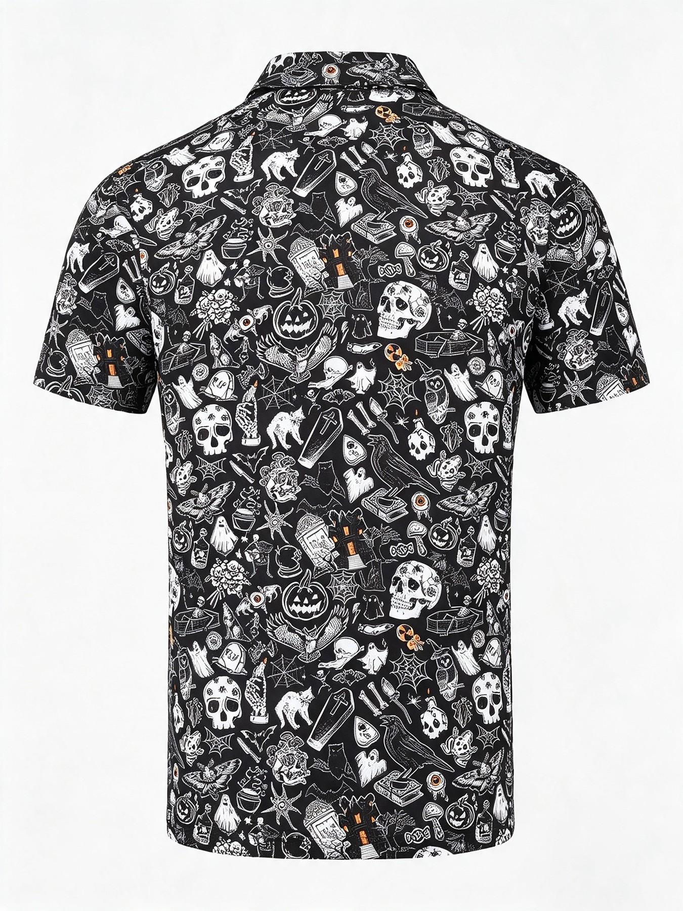 Men's Halloween Theme Polo Shirt, Hand-Drawn Skull Ghost Tombstone Pattern, Short Sleeve, Breathable, Festive Casual Golf Top,Unisex (Recommended ordering one size up),polo shirt for men,deals of the day，halloween costumes for men，halloween costumes