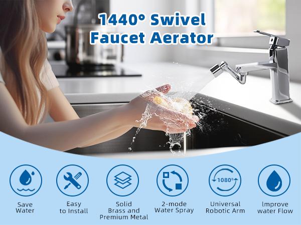 Hibbent 1440° Swivel Faucet Extender, Metal Rotatable Sink Faucet Aerator with Brass Extension, Dual Function 2 Modes Kitchen & Bathroom Sink Sprayer, Faucet Attachment for Gargle/Eye/Face Washing
