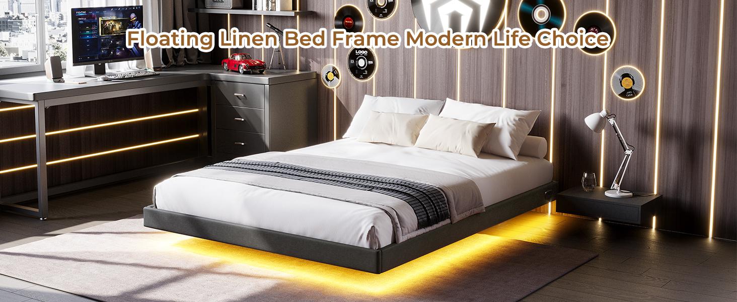 Floating Bed Frame Twin/Full/Queen Size with RGB LED Lights and Type-C&USB Ports, Linen Upholstered Platform Bed with Wood Slats Support, No Box Spring Needed,Noise-Free,Easy Assembly,Dark Gray