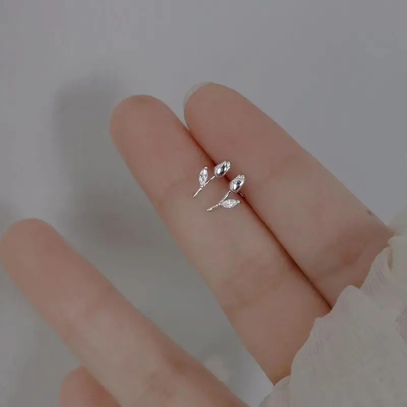 Sweet Exquisite 925 Sterling Silver Zircon Tulip Gold Color Stud Earrings for Woman Girl Summer Flower Jewelry Accessories Gifts