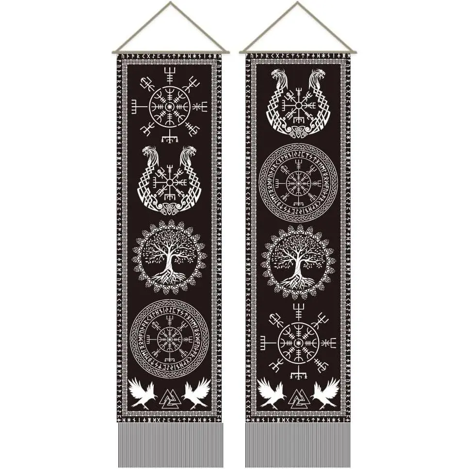 AHANDMAKER 2Pcs Viking Symbol Tapestry, Tree of Life Rune Long Norse Viking Decor Tapestry Wall Hanging, Medieval Rune Tassel Wall Tapestry for Party Bedroom and Living Room Backdrop(45.7x13 Inch)