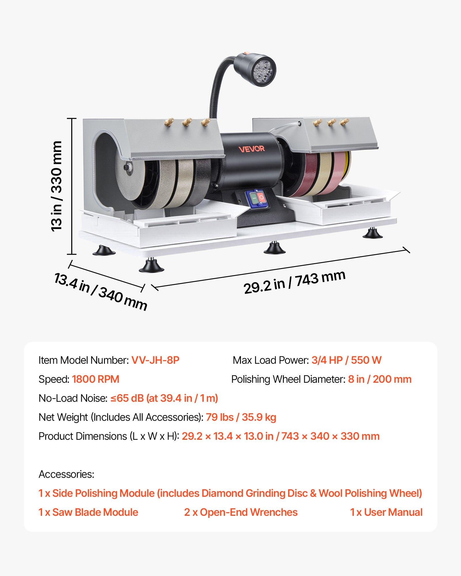 VEVOR Lapidary Cabbing Machine VV-JH-8P, 3/4 HP 550W 1800 RPM 8 Inch Diamond & Resin Wheels, LED Lamp, Water System, 29.2x13.4x13.0 in 79 lbs/35.9 kg Lapidary Equipment for Stone Processing, Indoor Use Gem Enthusiasts, 550 W