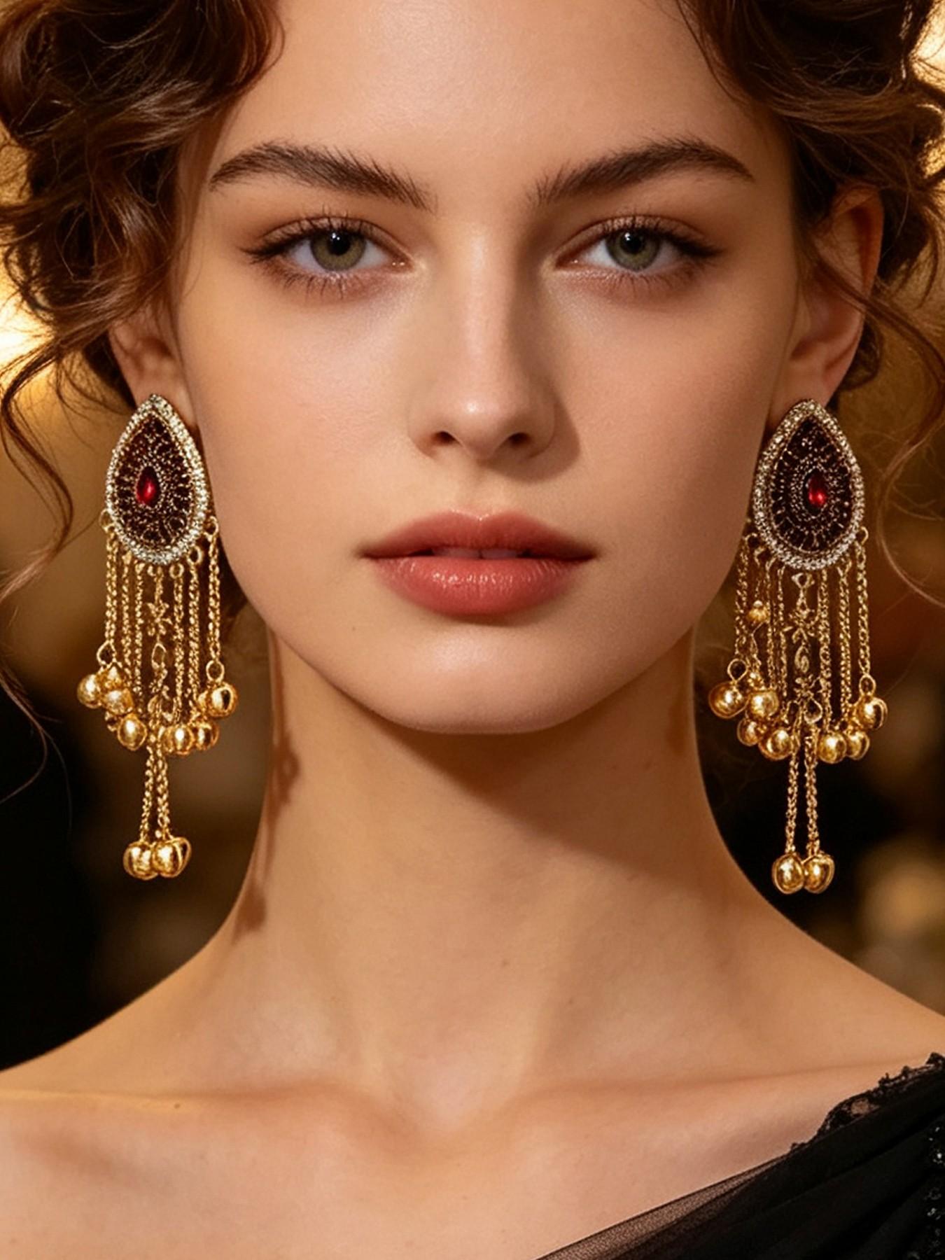 Vintage Teardrop Bell Fringe Earrings, Indian Ethnic Style Antique Long Dangle Earrings, Fashion Dangle Earrings, Travel Photography Accessories