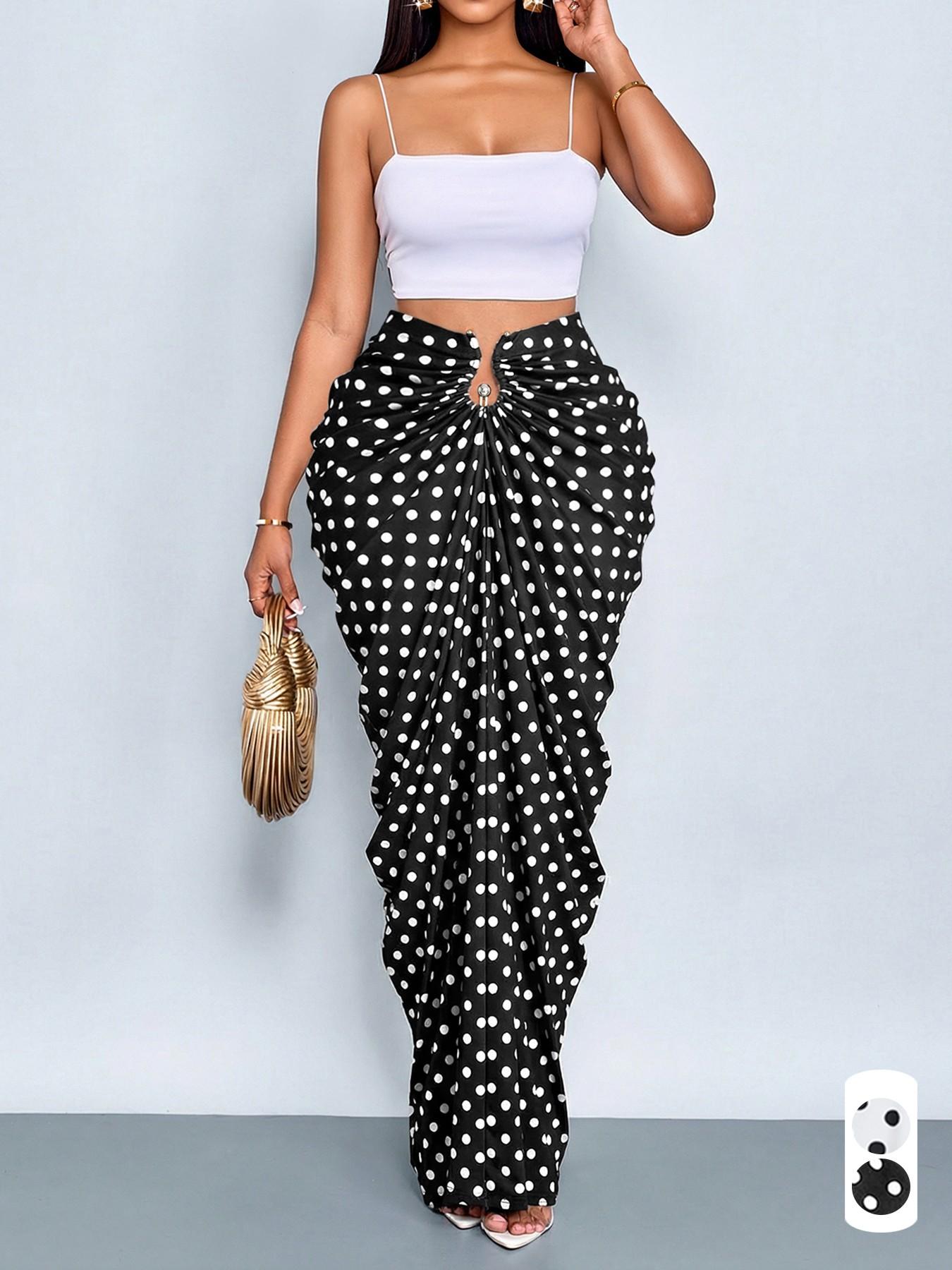 Summer Women's Elegant Polka Dot Stretch Fashion Casual Skirt, High Waist Fitted Long Design, Comfortable Knit Material, Perfect for Daily Wear
