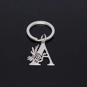 2024 New Fashion Stainless Steel Flowers ·26 Letters A-Z Pendant Keychain Pendant All-Match Bag Car Key Chain Pendant for Men And Women