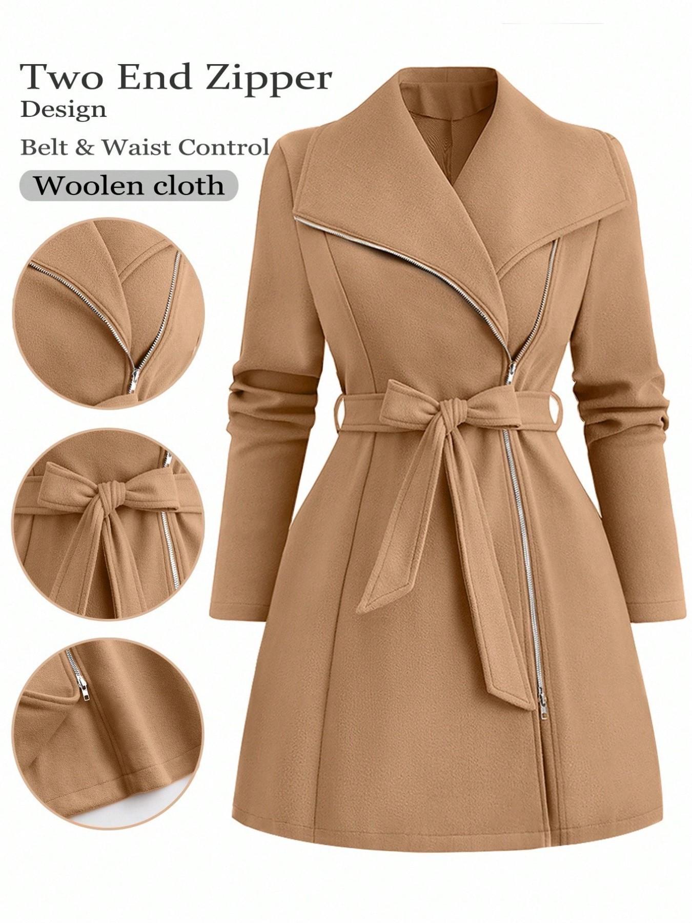 Plus Size Women’s Elegant Belted Coat, Long Sleeve Zip Front Lapel Outerwear, Chic Casual Fall Winter Long Jacket for Work, Going Out and Everyday Style