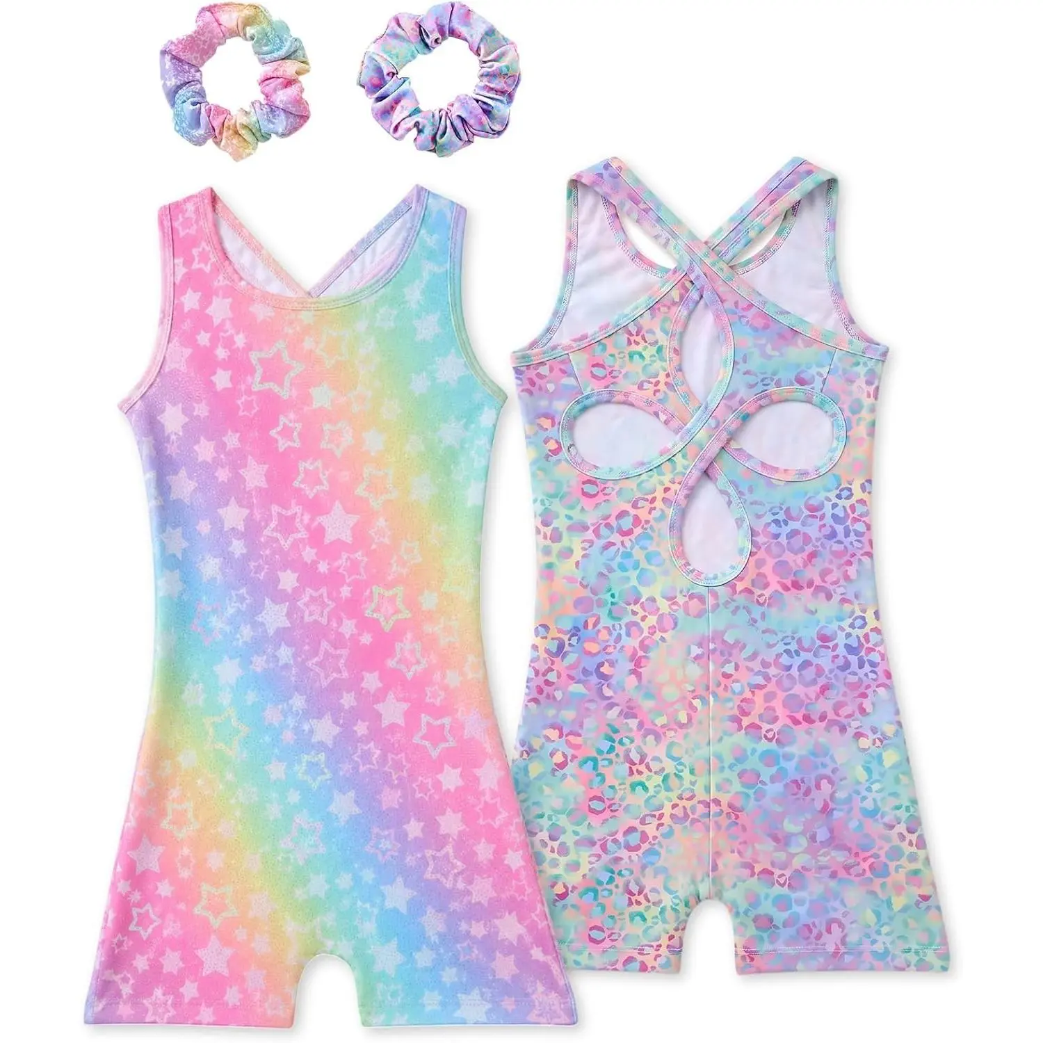 Girls' Gymnastics Leotard Set 2-Pack with Scrunchies, Sleeveless Hollow Back Stretchy Fabric Practice Wear for 1-14 Years, Tumbling Practice