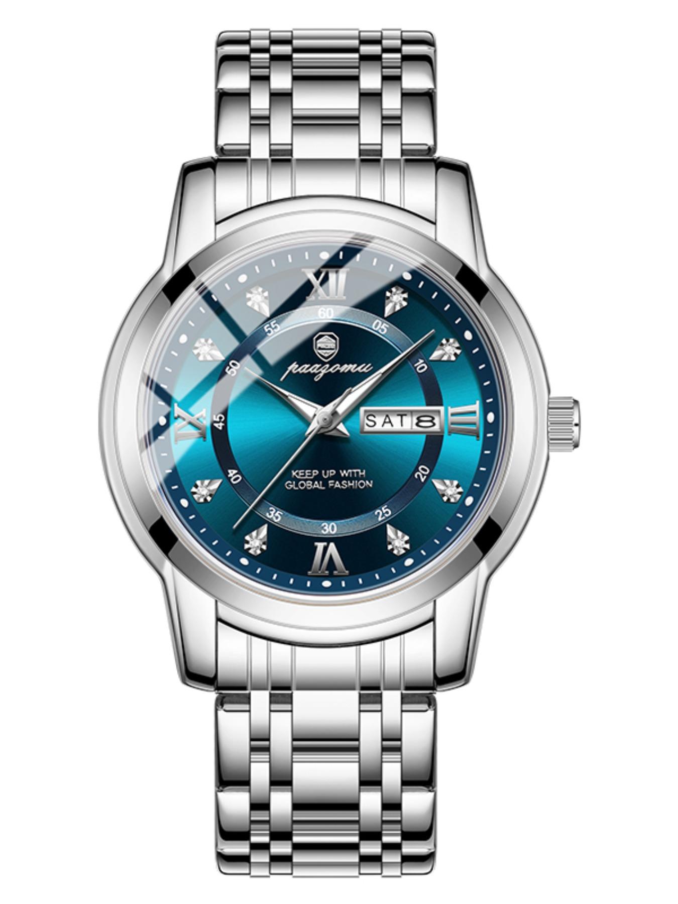 Paazomu Luxury Men's Watch, Waterproof Luminous Date, Stainless Steel Sport Fashion, Quartz Watch for Men, Stylish Male Clock